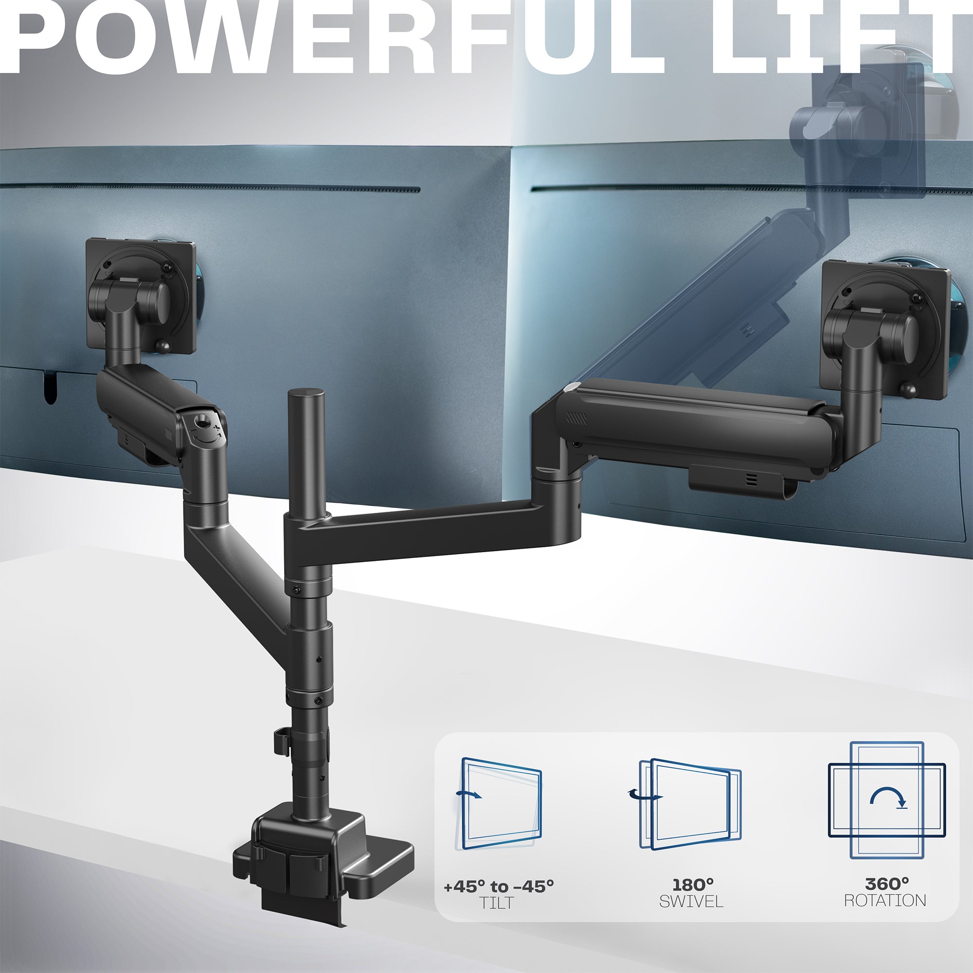 A dual monitor desk mount with pneumatic arms.