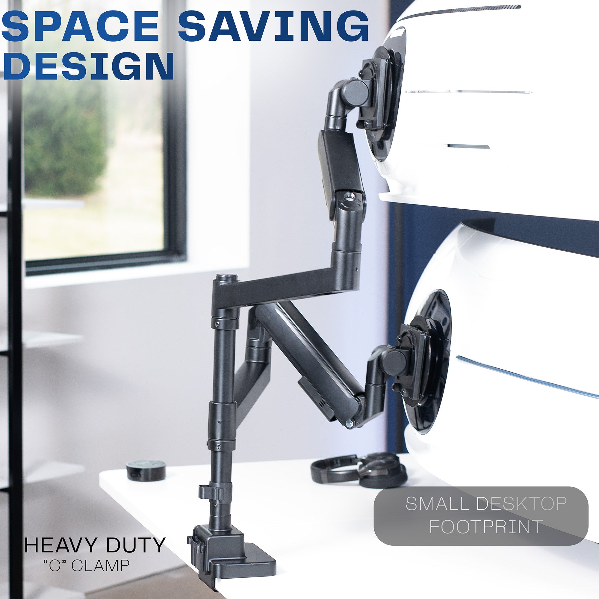 A dual monitor desk mount with pneumatic arms.