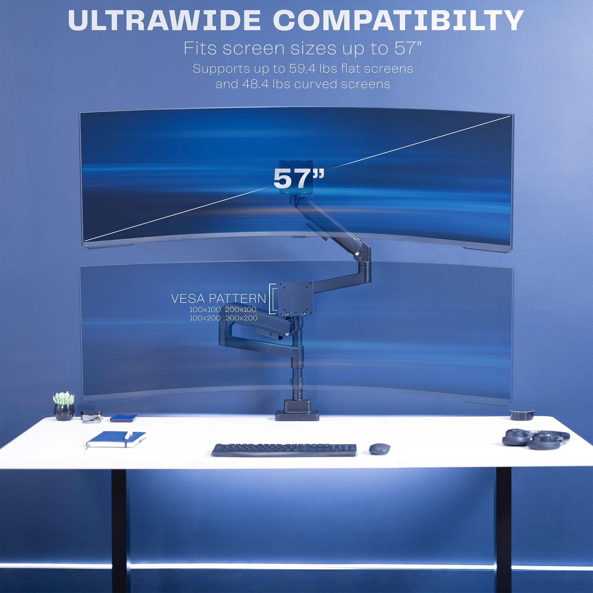 A dual monitor desk mount with pneumatic arms.