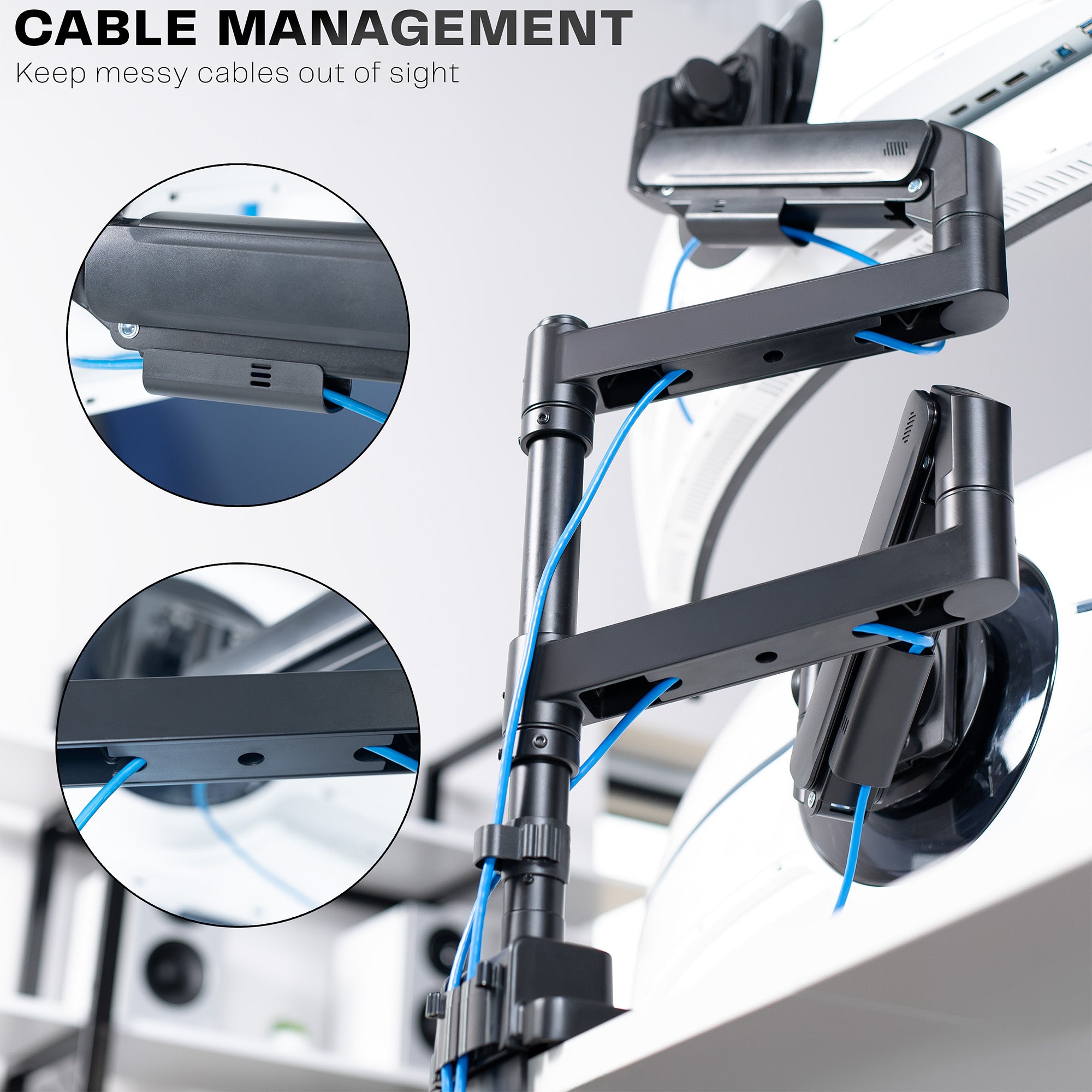 A dual monitor desk mount with pneumatic arms.