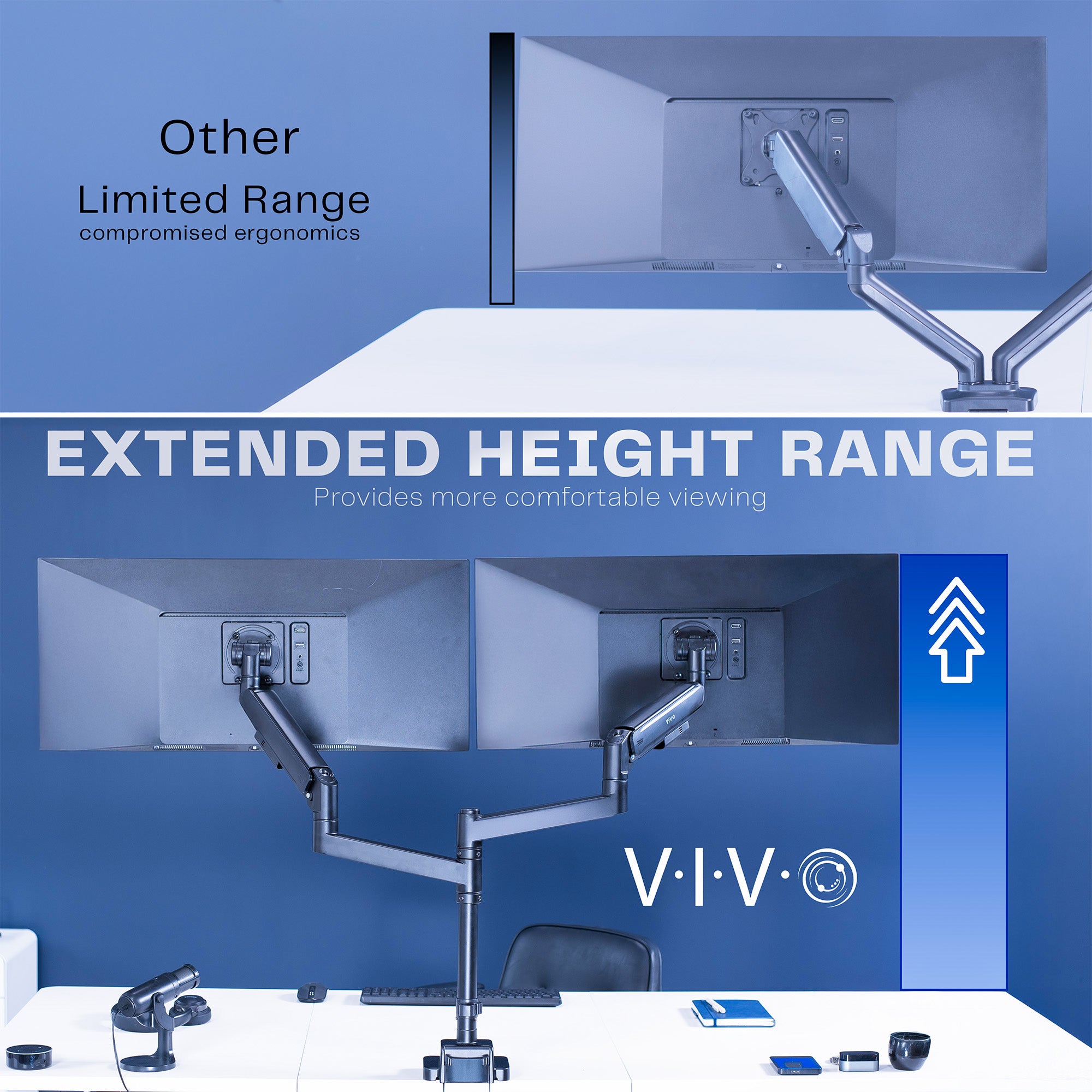 A dual monitor desk mount with pneumatic arms.