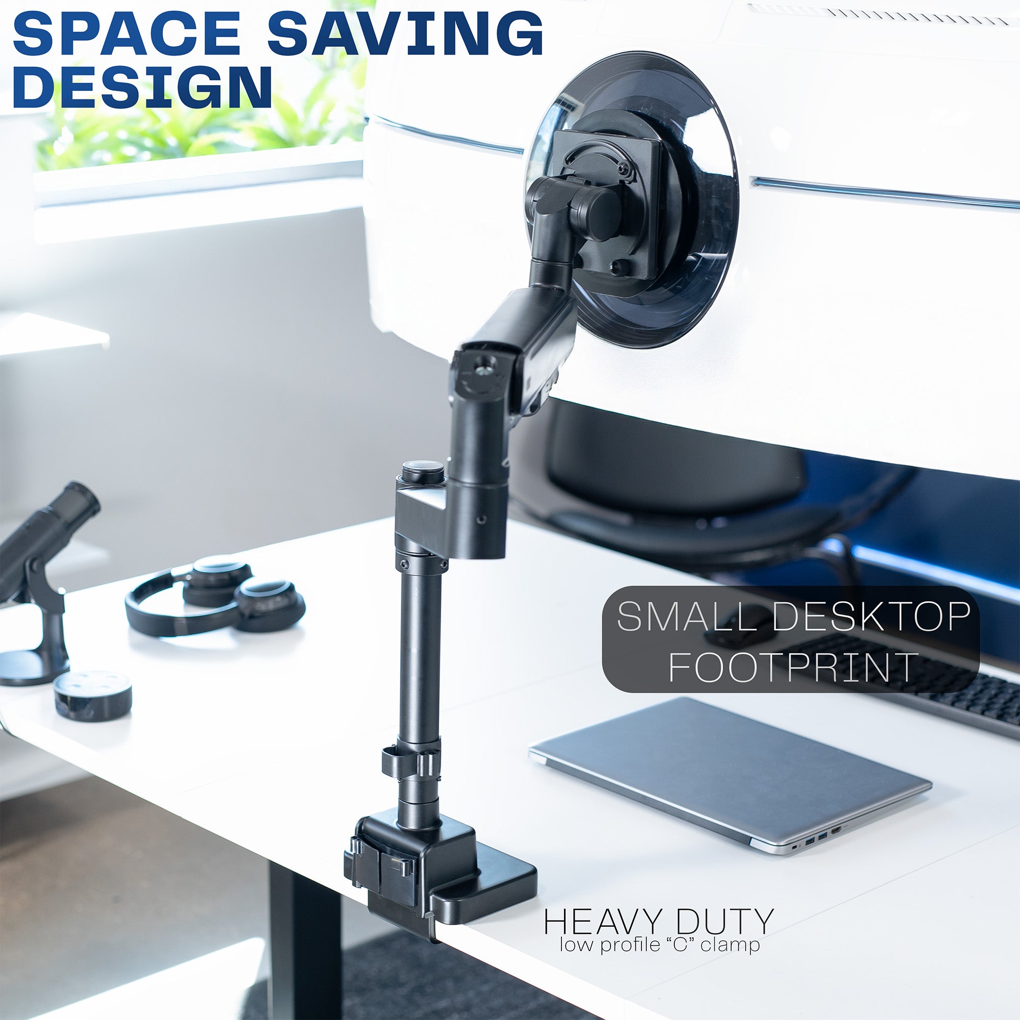 Single ultrawide monitor mounted on a pneumatic arm desk mount with space saving design.