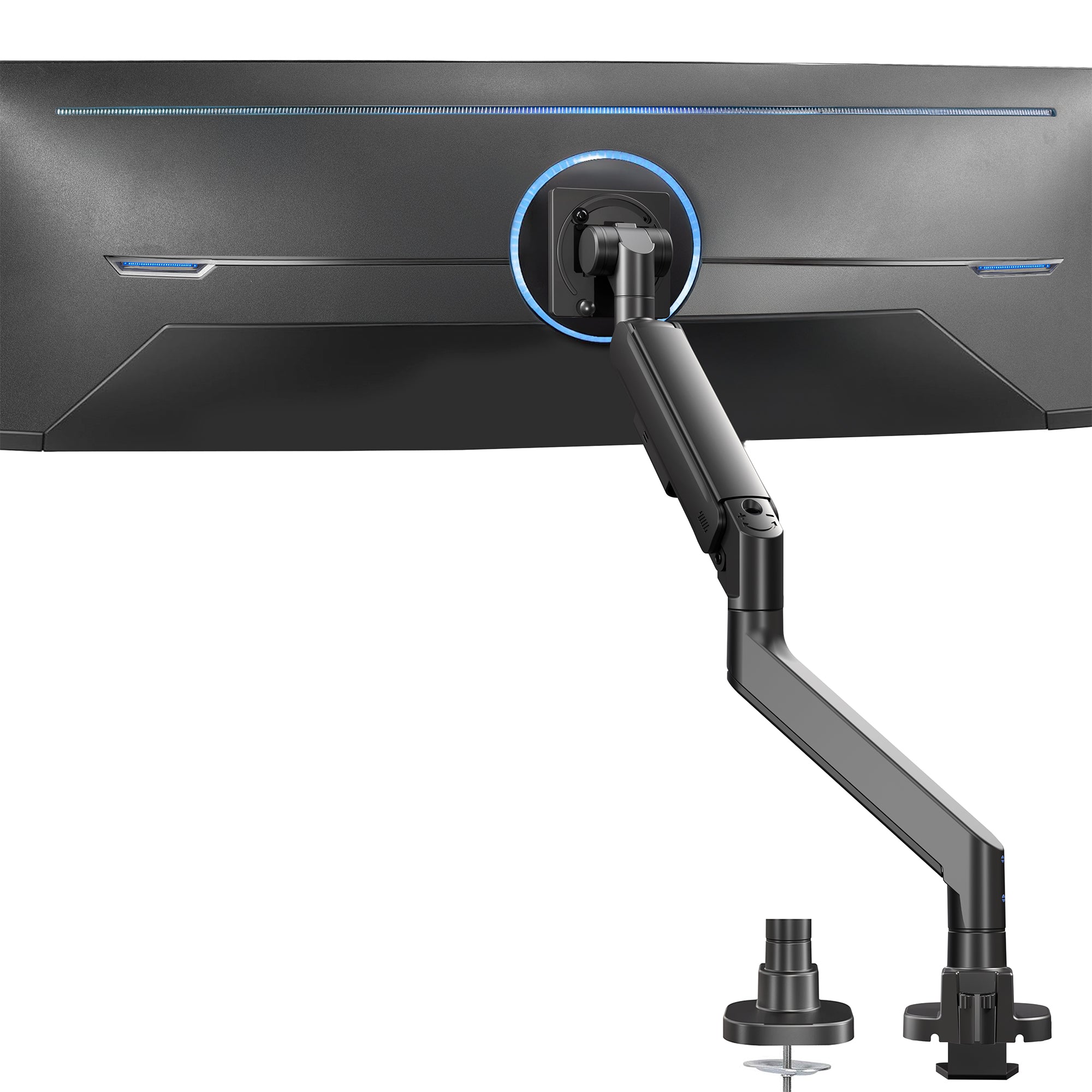 A single ultrawide computer monitor attached to a pneumatic arm desk mount.