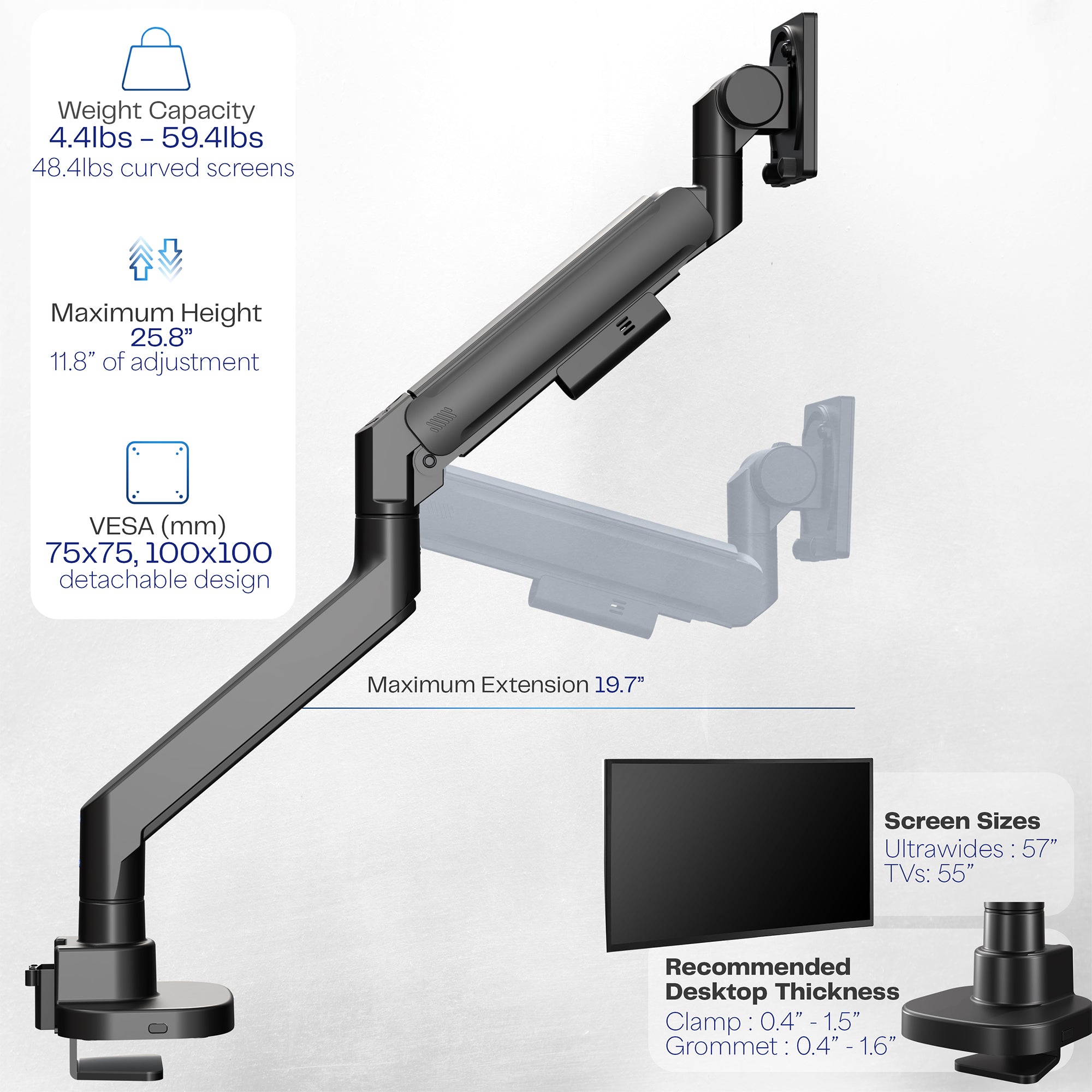 Monitor with a adjustable arm on a white background with text displaying measurements.