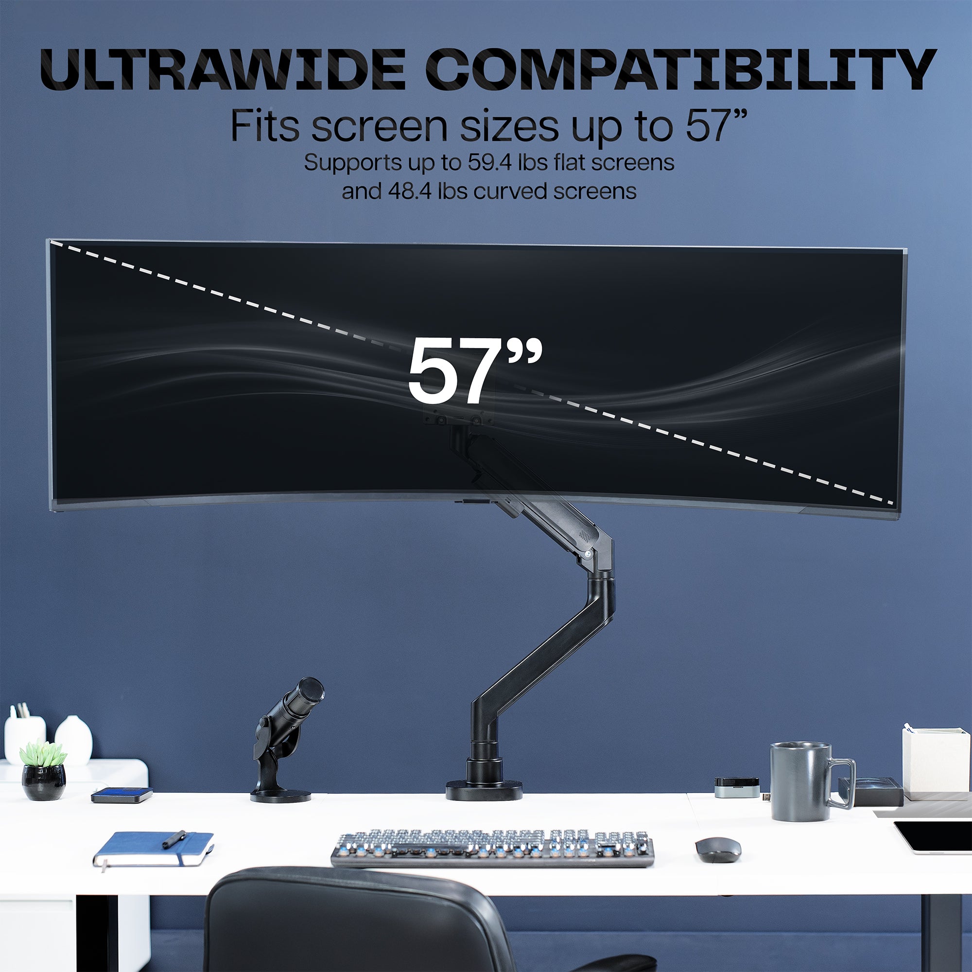 Monitor with a adjustable arm on a dark blue background with text showing Ultrawide monitor comparability.