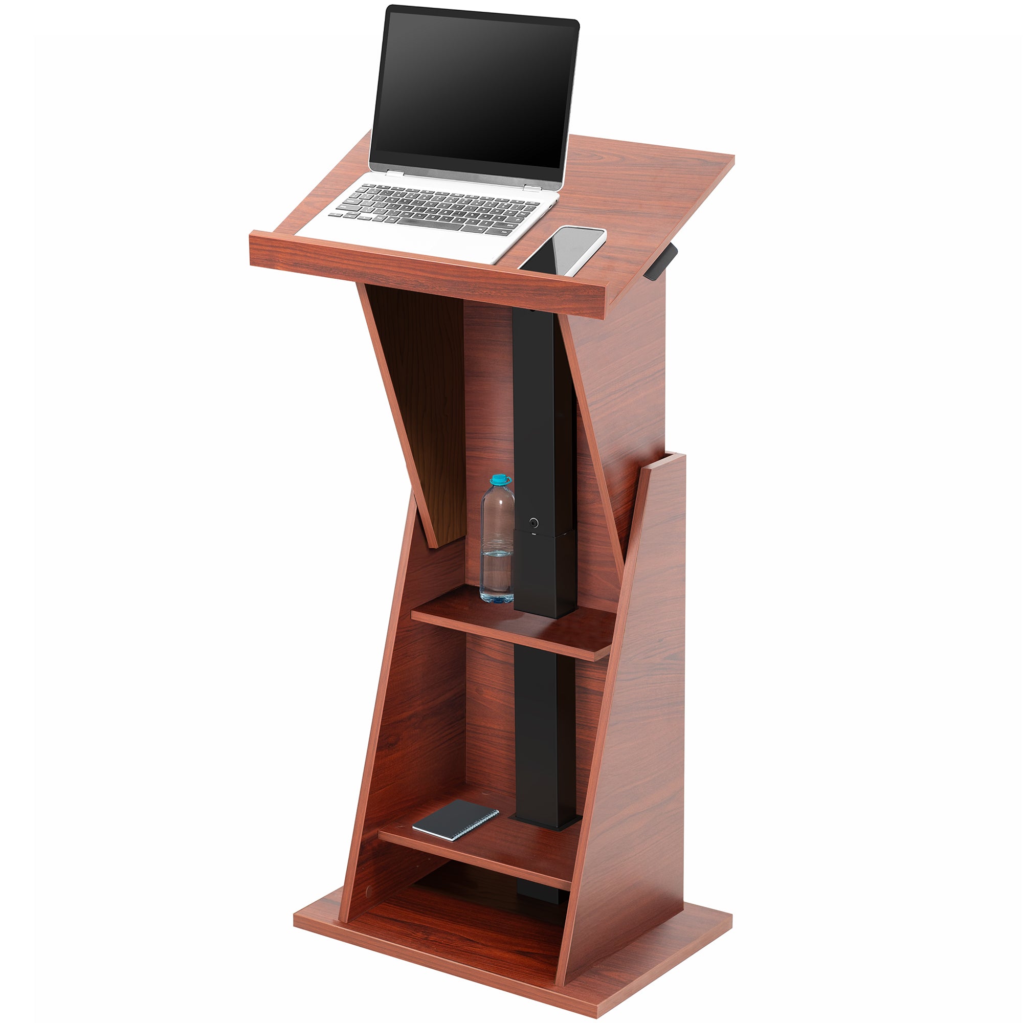 Sturdy modern height adjustable podium with storage shelves.