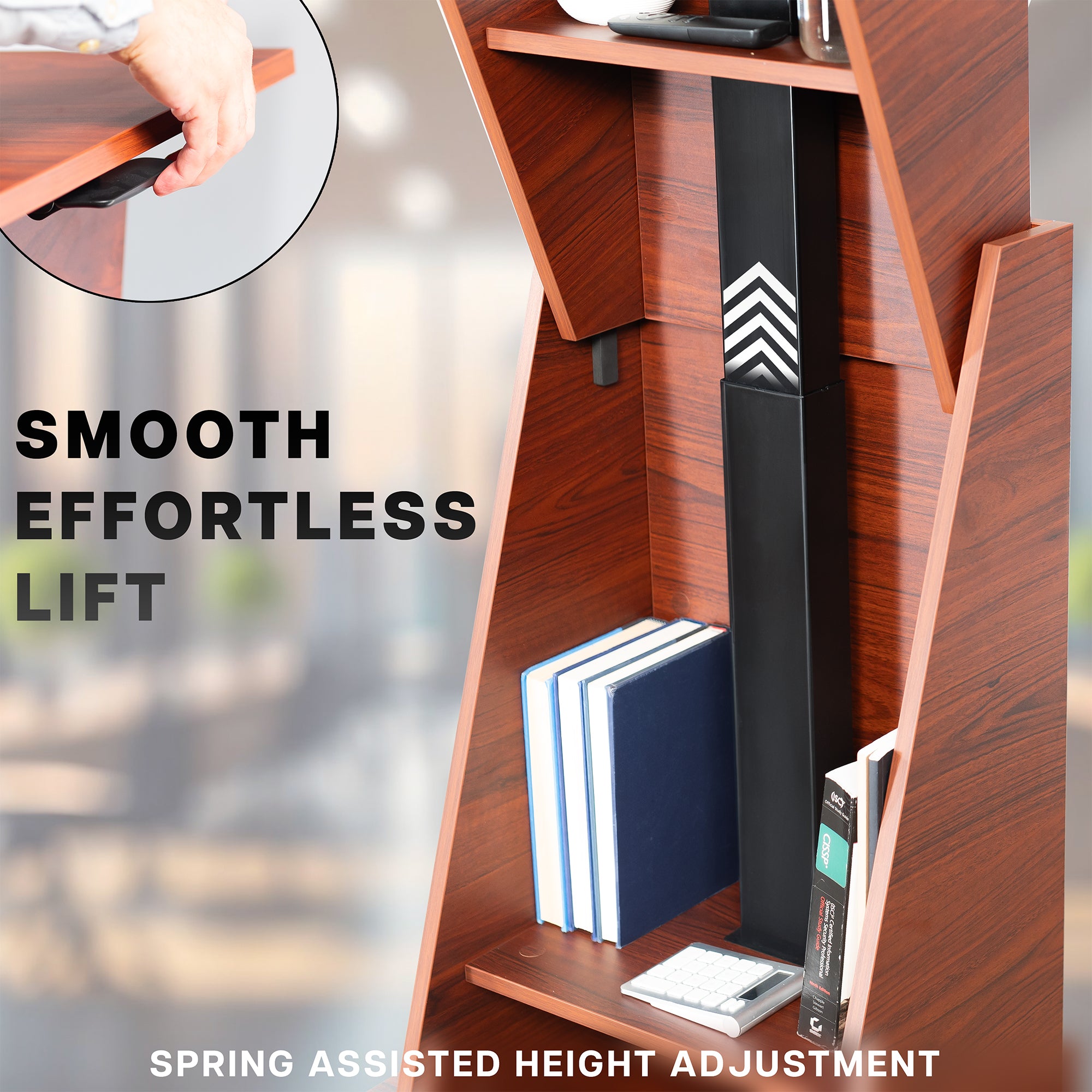 Sturdy modern height adjustable podium with storage shelves.