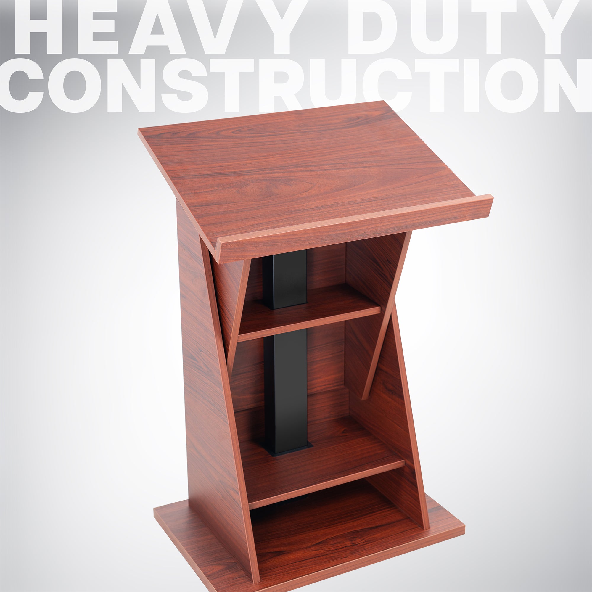 Sturdy modern height adjustable podium with storage shelves.