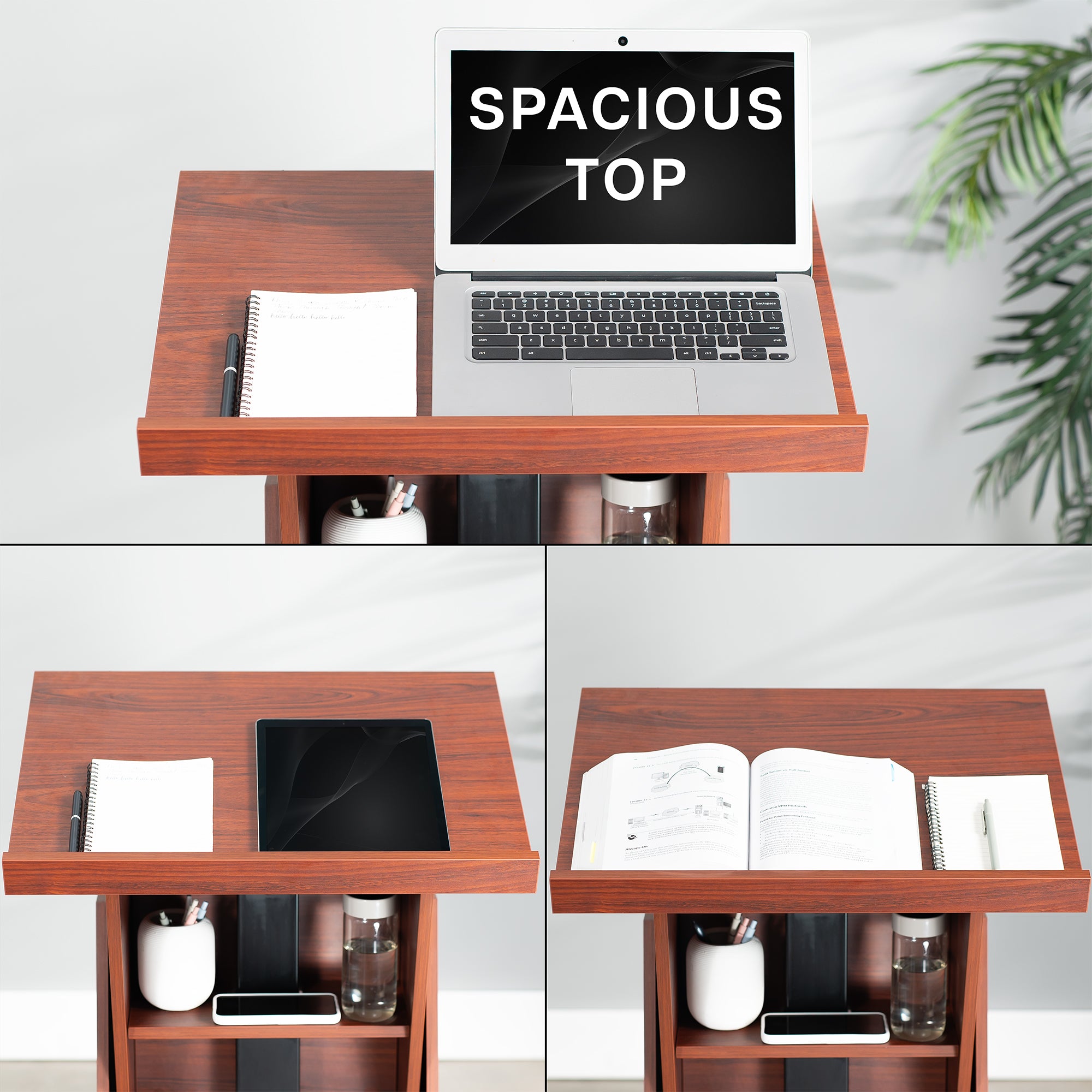 Sturdy modern height adjustable podium with storage shelves.