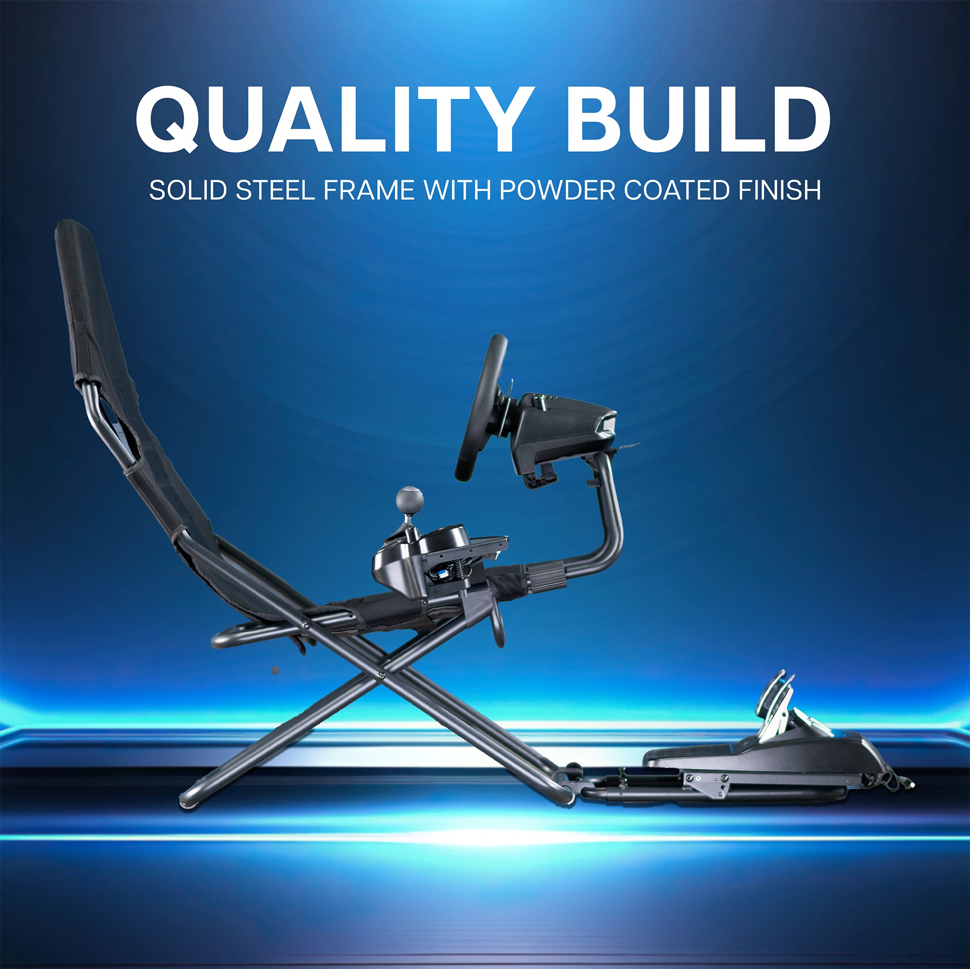 Black gaming chair with steering wheel and pedals on a blue reflective surface