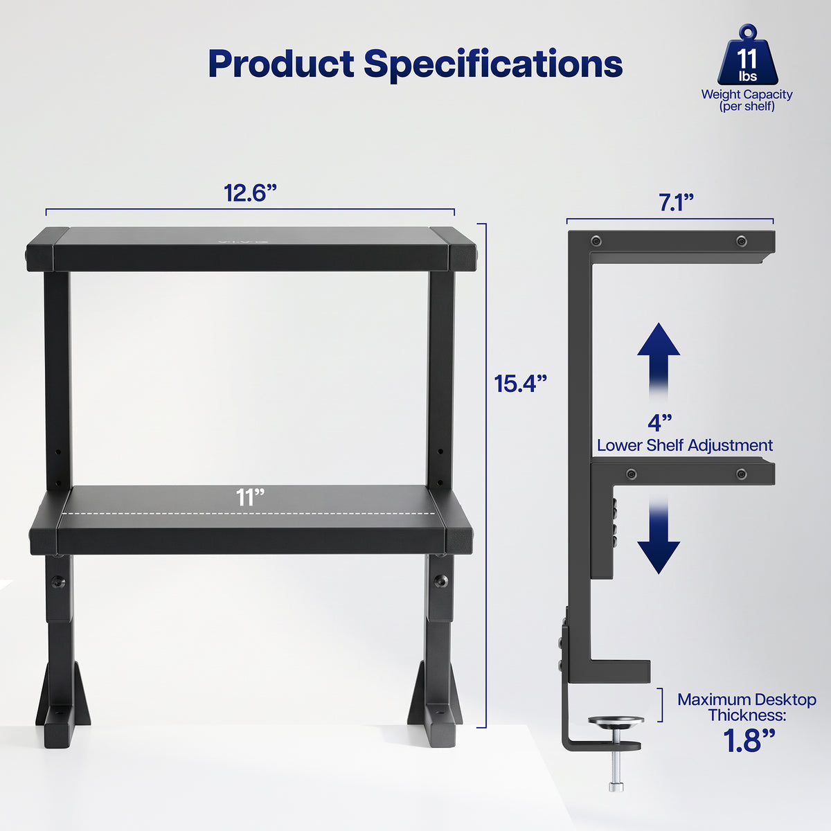 Above/Below Clamp-on Dual Shelf product specifications shown on a gray background