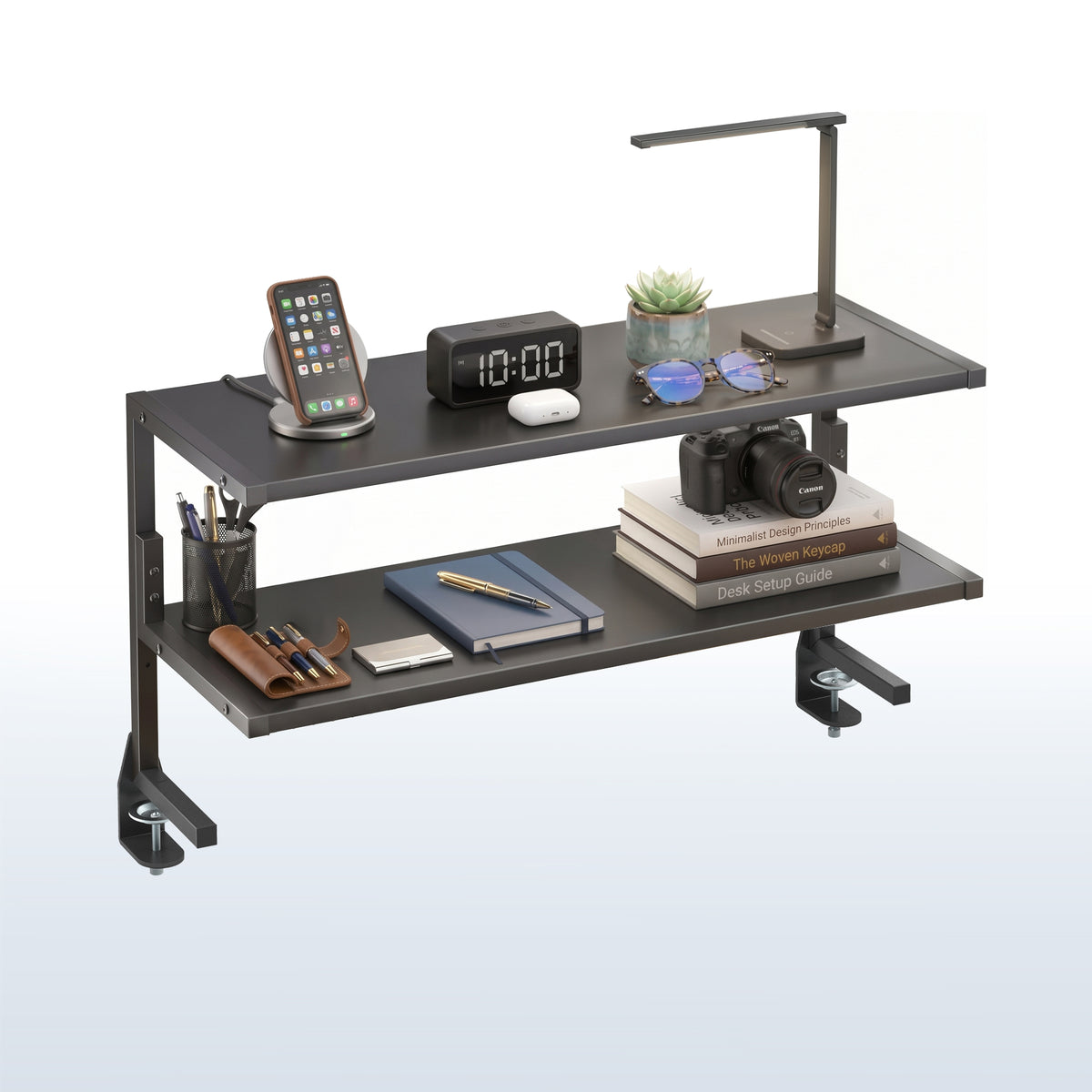 Wide spacious above desk or below desk clamp-on shelf with two shelves for convenient storage and organization. Lower shelf height adjusts.
