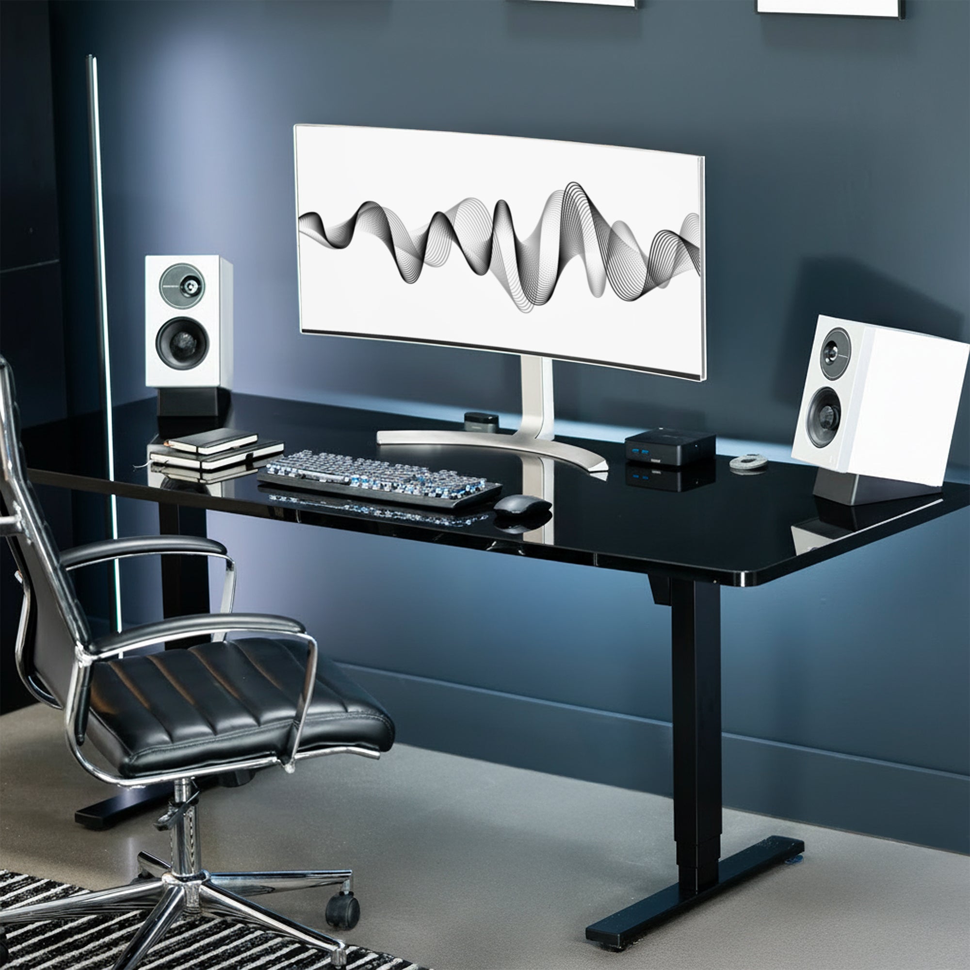 Angled Desktop Speaker Stands (2 Pack) on a desktop with white speakers sitting on them