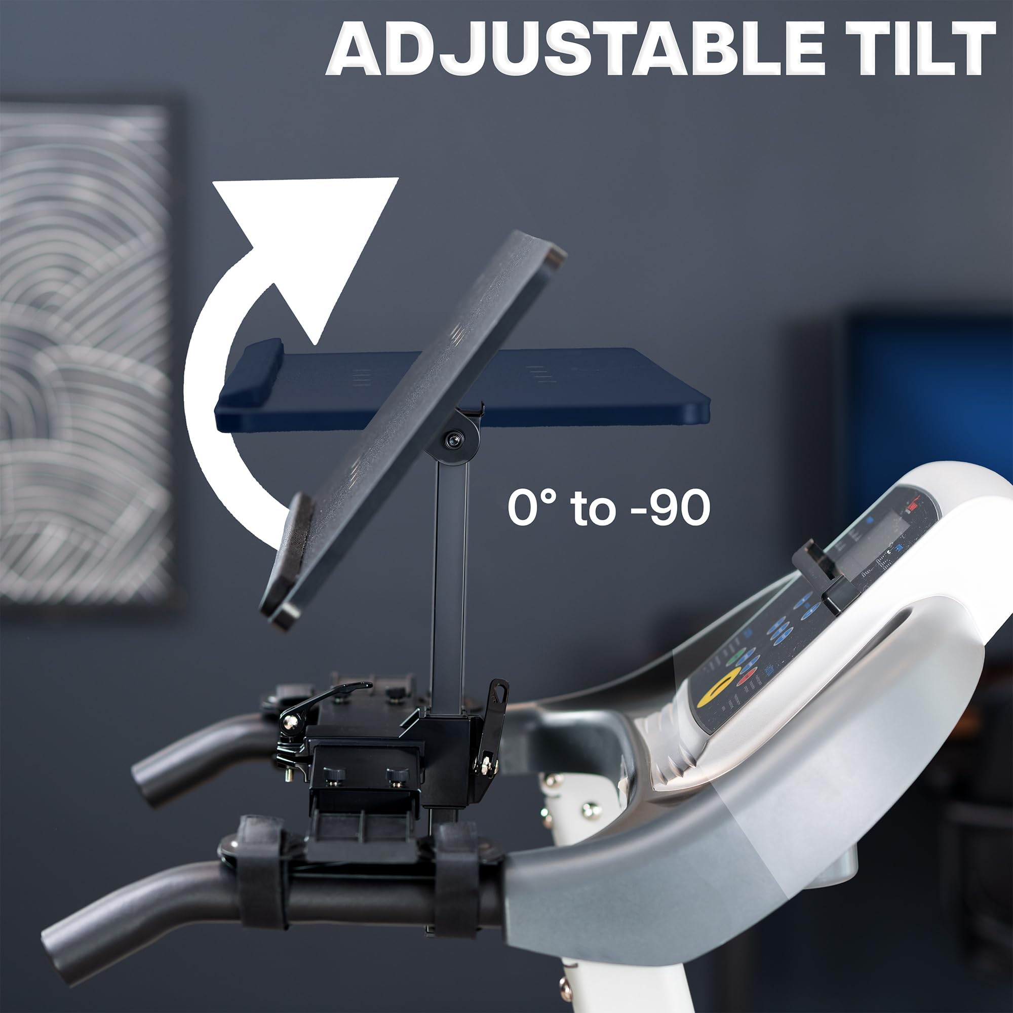 Adjustable tilt mechanism on a 27" Laptop Desk for Treadmill with text indicating range.