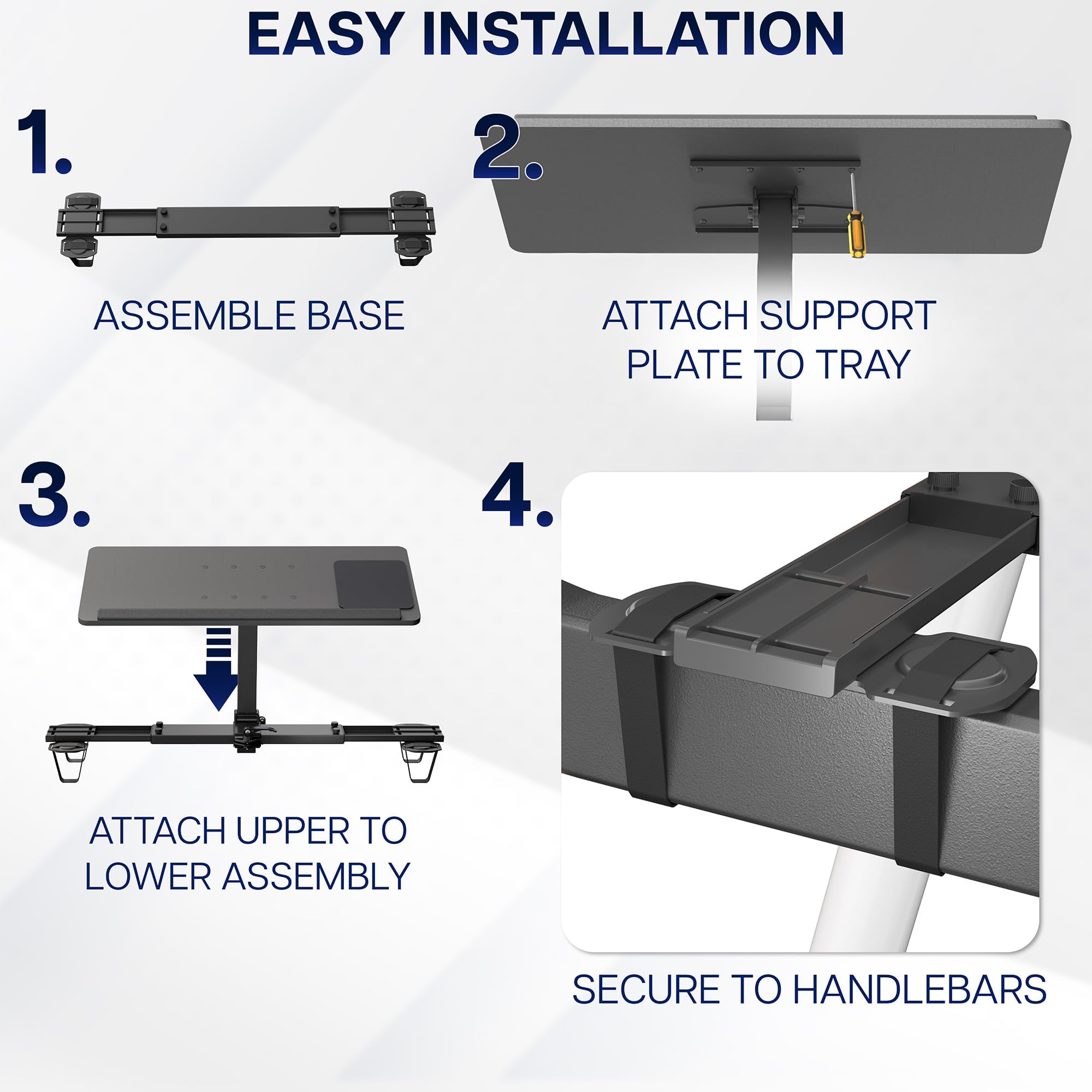 Step-by-step guide for assembling a Laptop Desk for Treadmills with text labels on a white background.