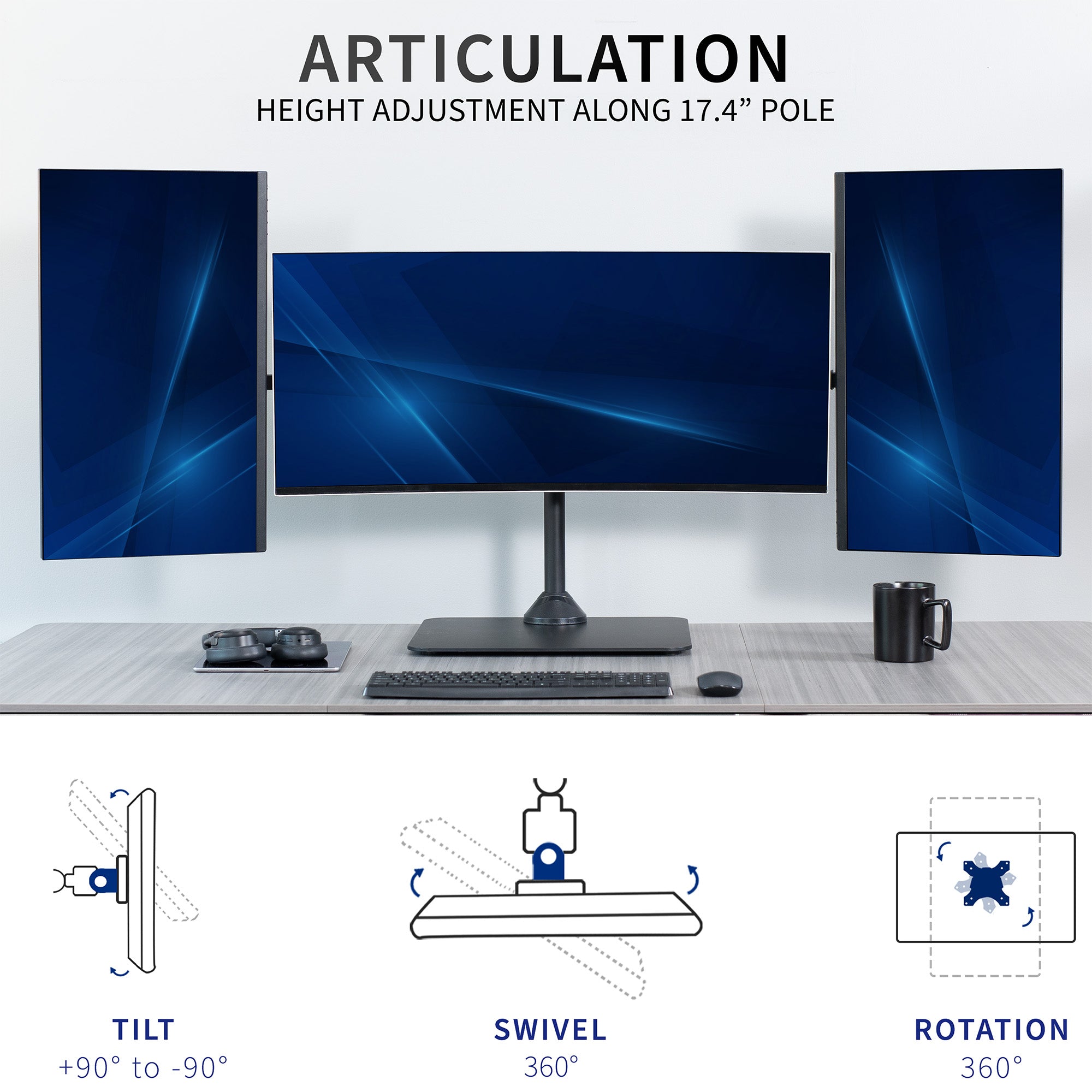 Monitor with articulation features on a desk setup, including tilt, swivel, and rotation.