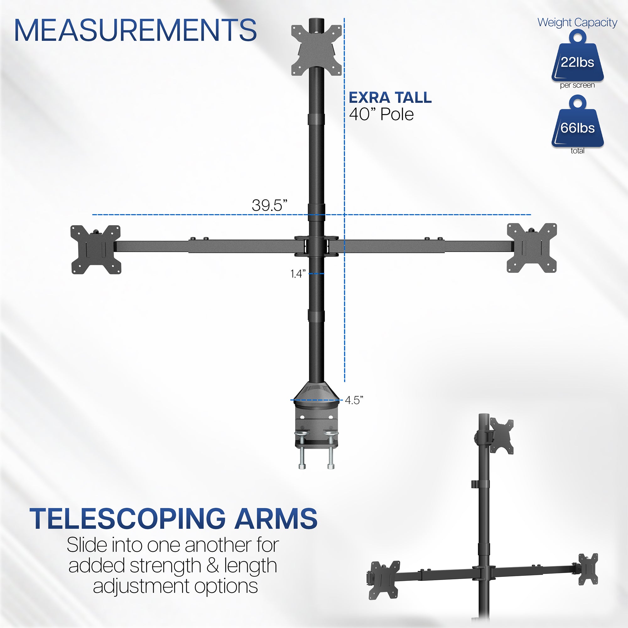 Telescoping monitor arm with measurements and weight capacity on a white background