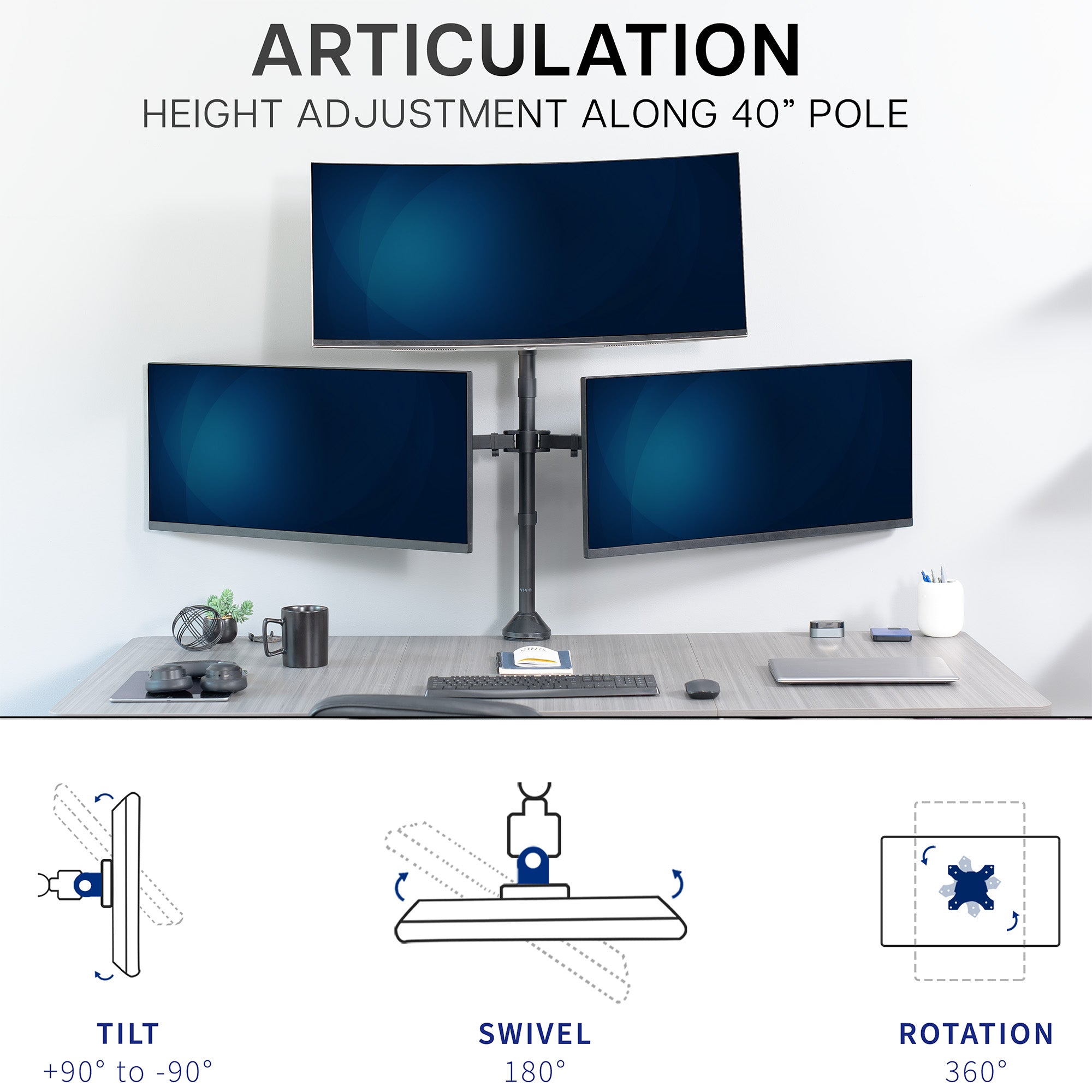 Desk setup with three monitors on a height-adjustable pole, featuring articulation features.