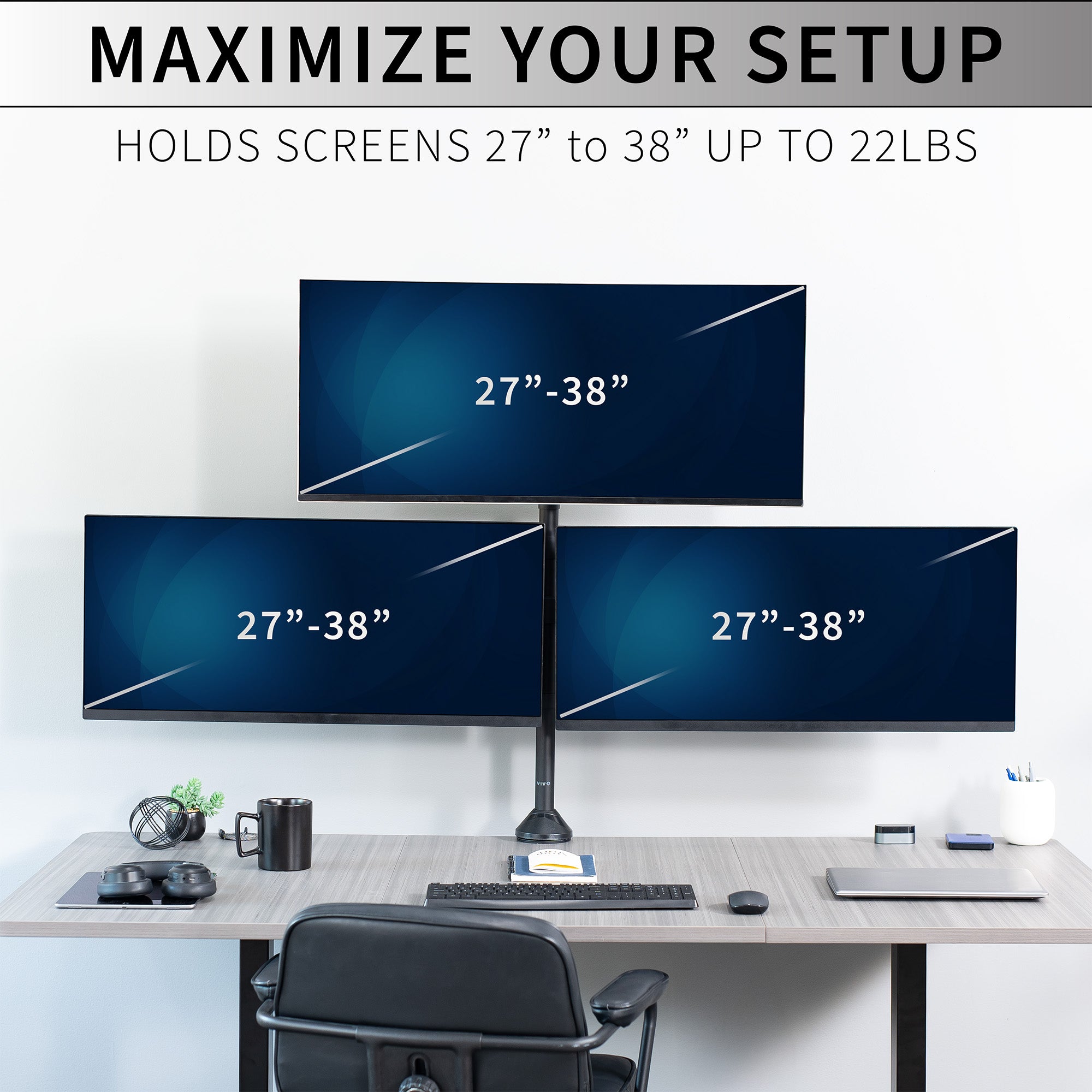 Monitor stand holding three monitors on a desk with text about screen size and weight capacity.