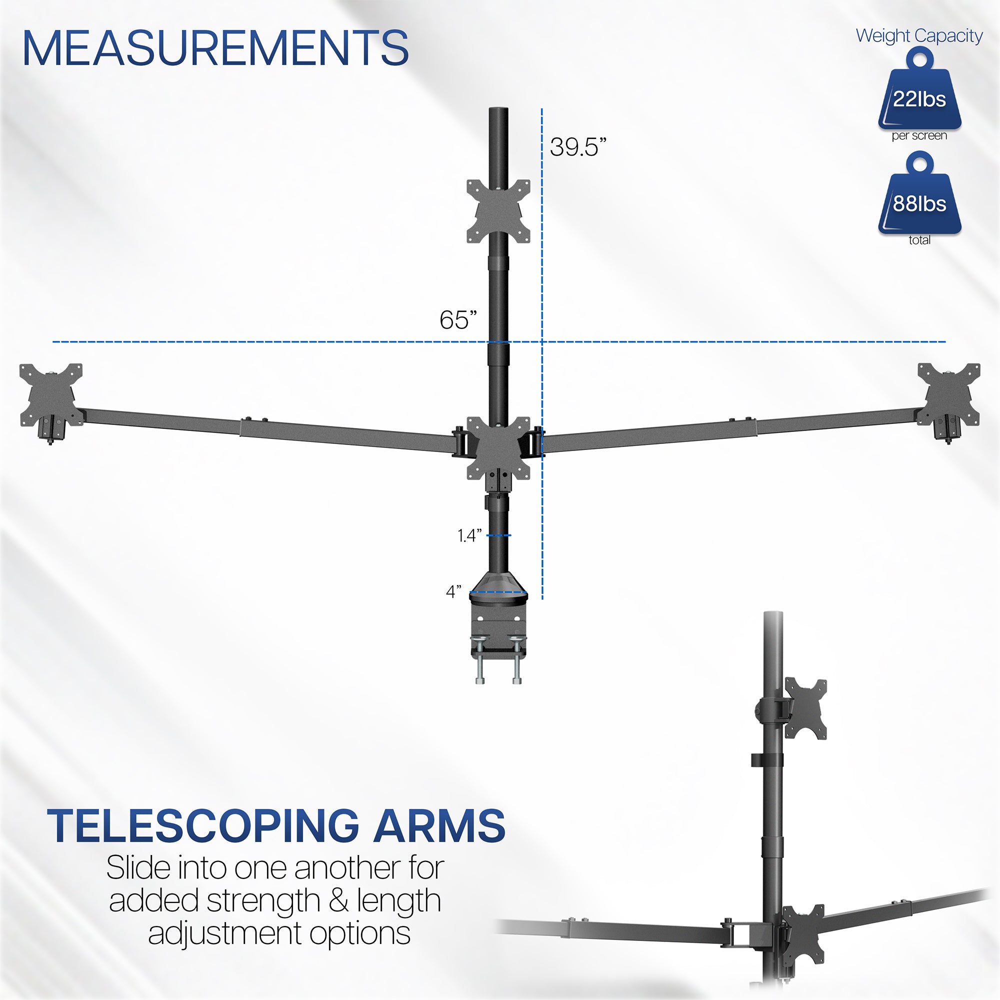 Monitor stand with telescoping arms and measurement details on a white background