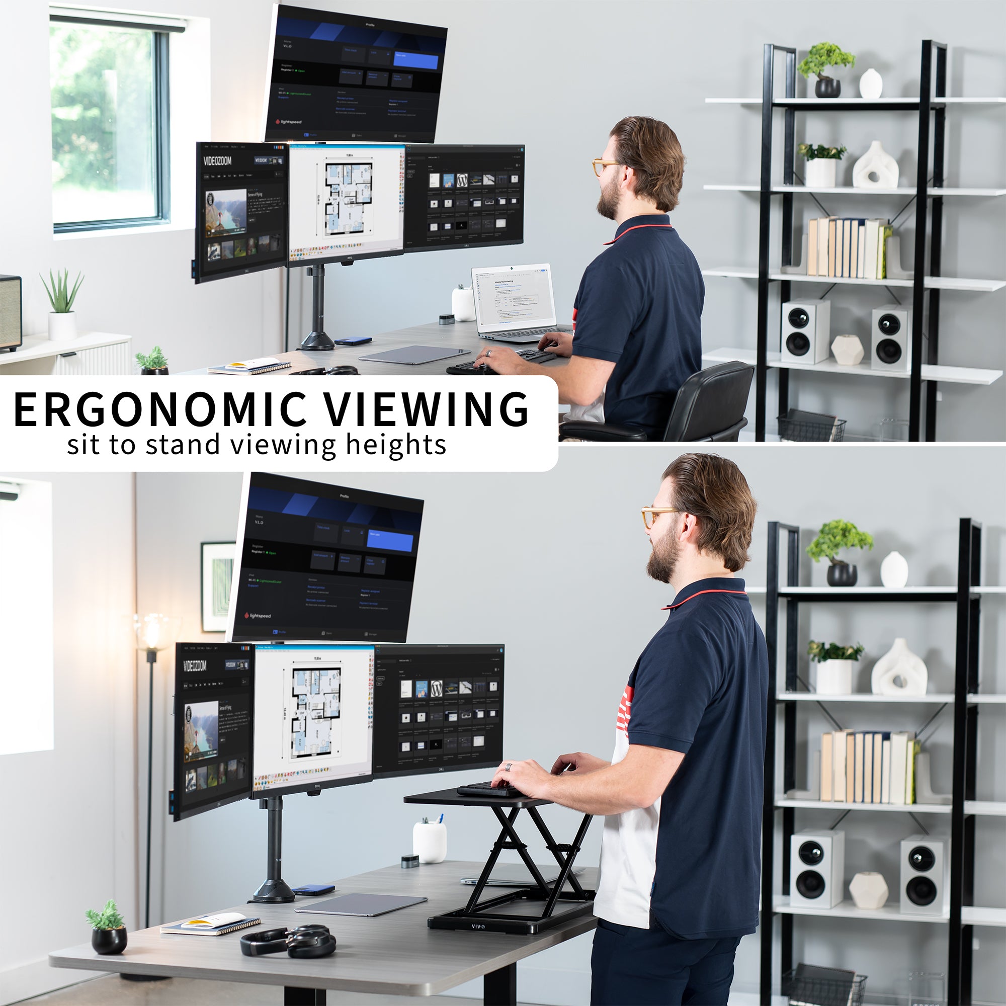 Person using a standing desk with ergonomic viewing setup in a home office.