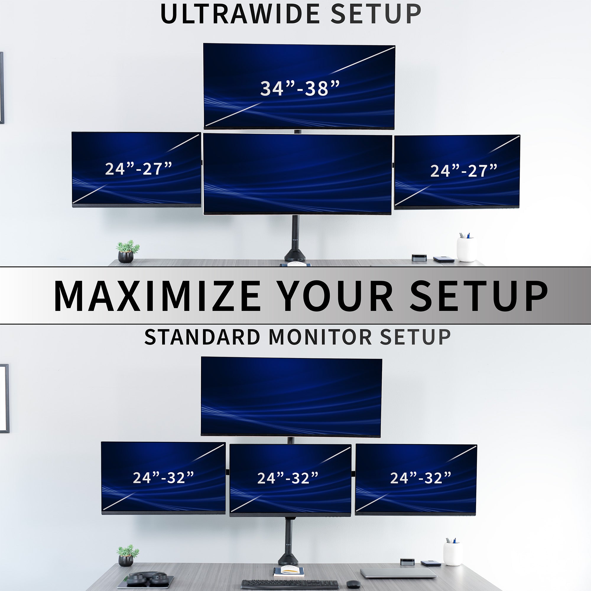 Comparison of ultrawide and standard monitor setups with text on screen sizes.