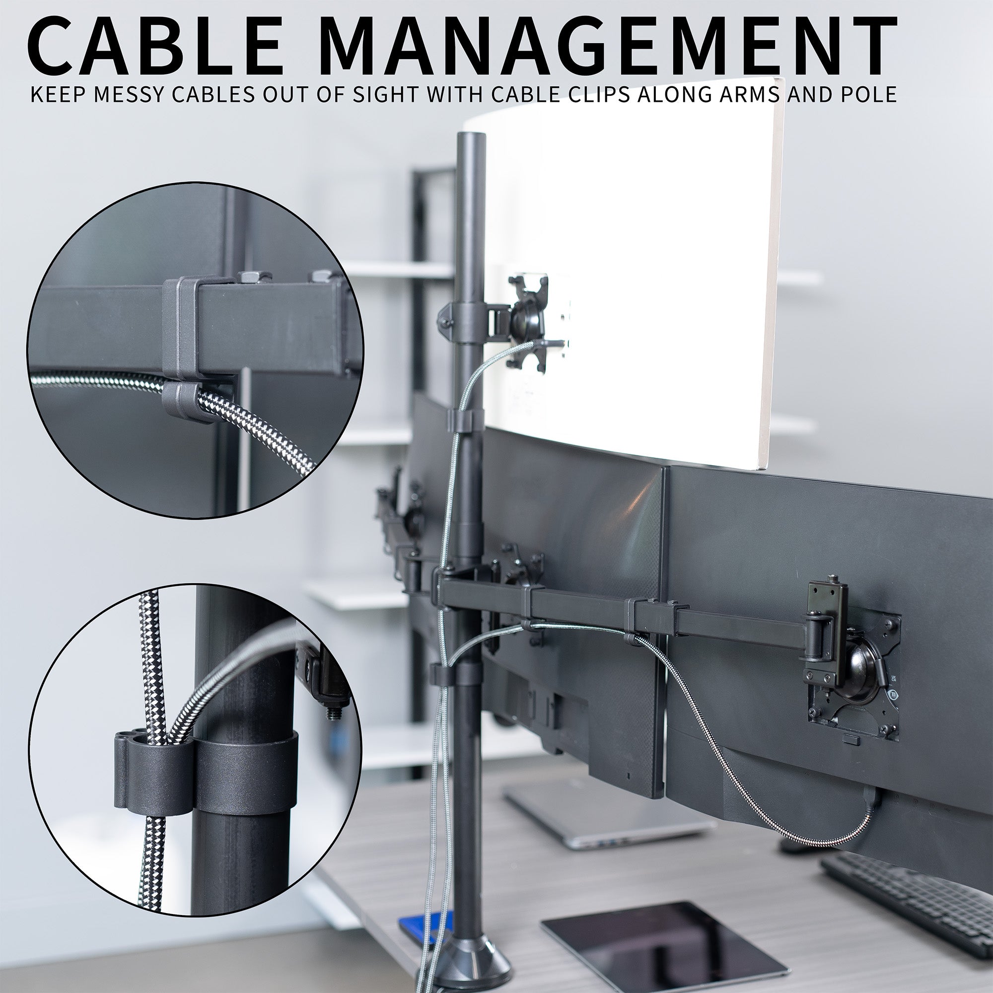 Cable management system with clips on a desk setup, showing close-ups of cable clips.