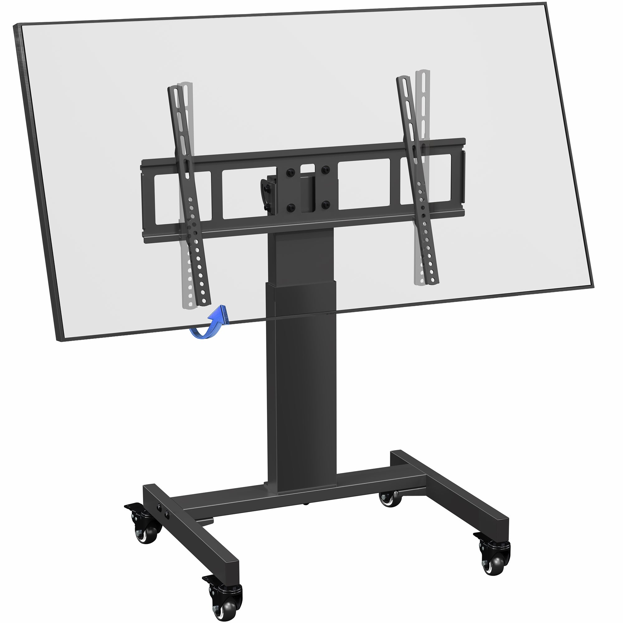 A low height mobile TV cart with a black frame and wheels.
