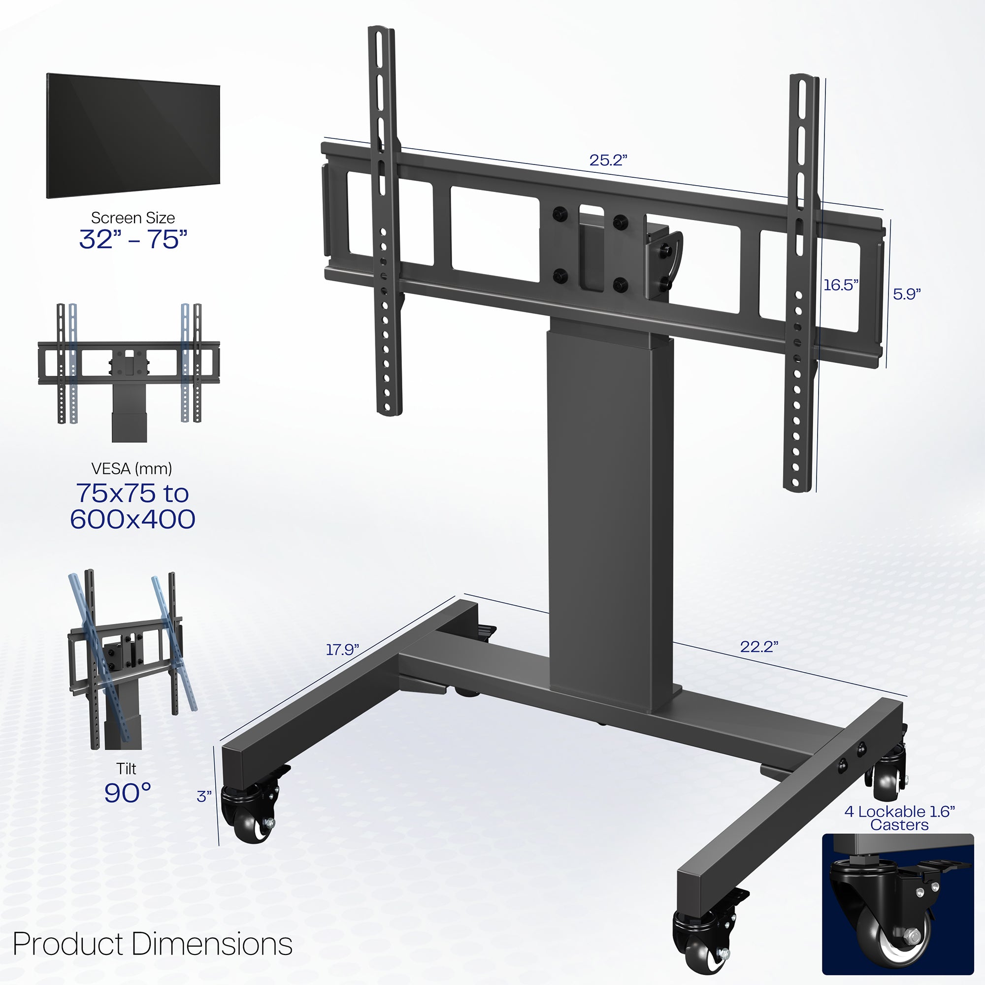 A low height mobile TV cart with a black frame and wheels with dimensions to the left.