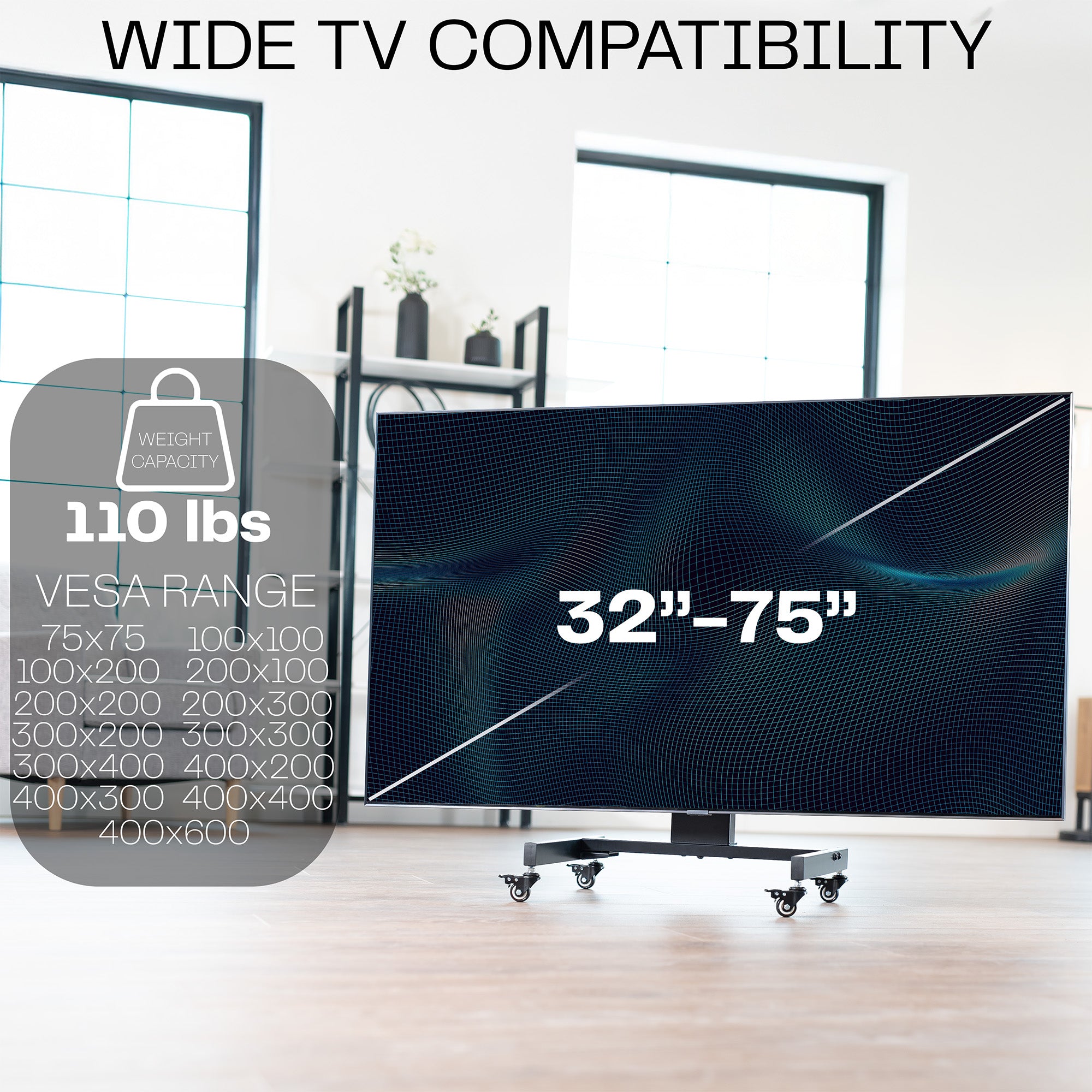 A low height mobile TV cart with a black frame and wheels with text on TV compatibility.