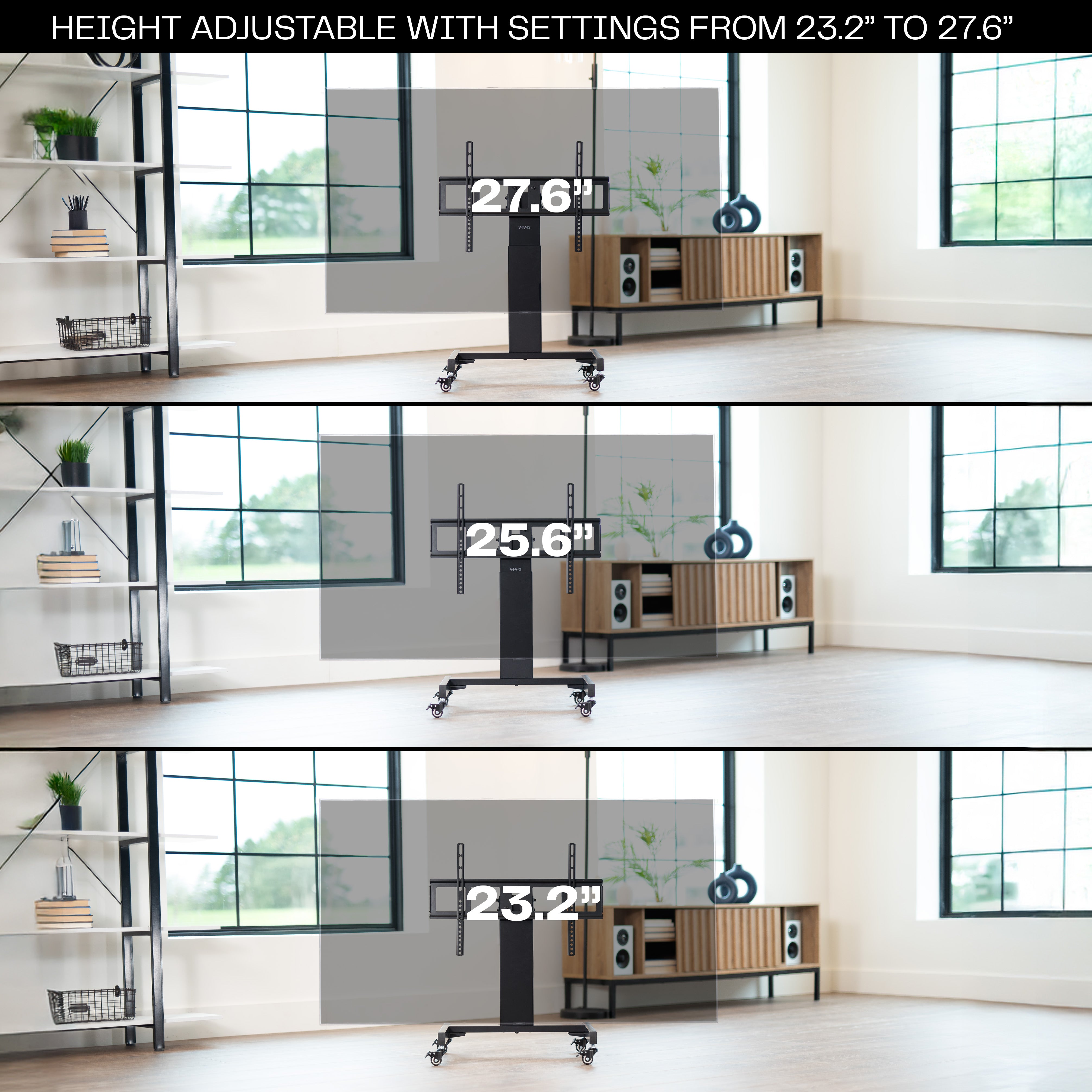 A low height mobile TV cart with a black frame and wheels with different height adjustment settings.