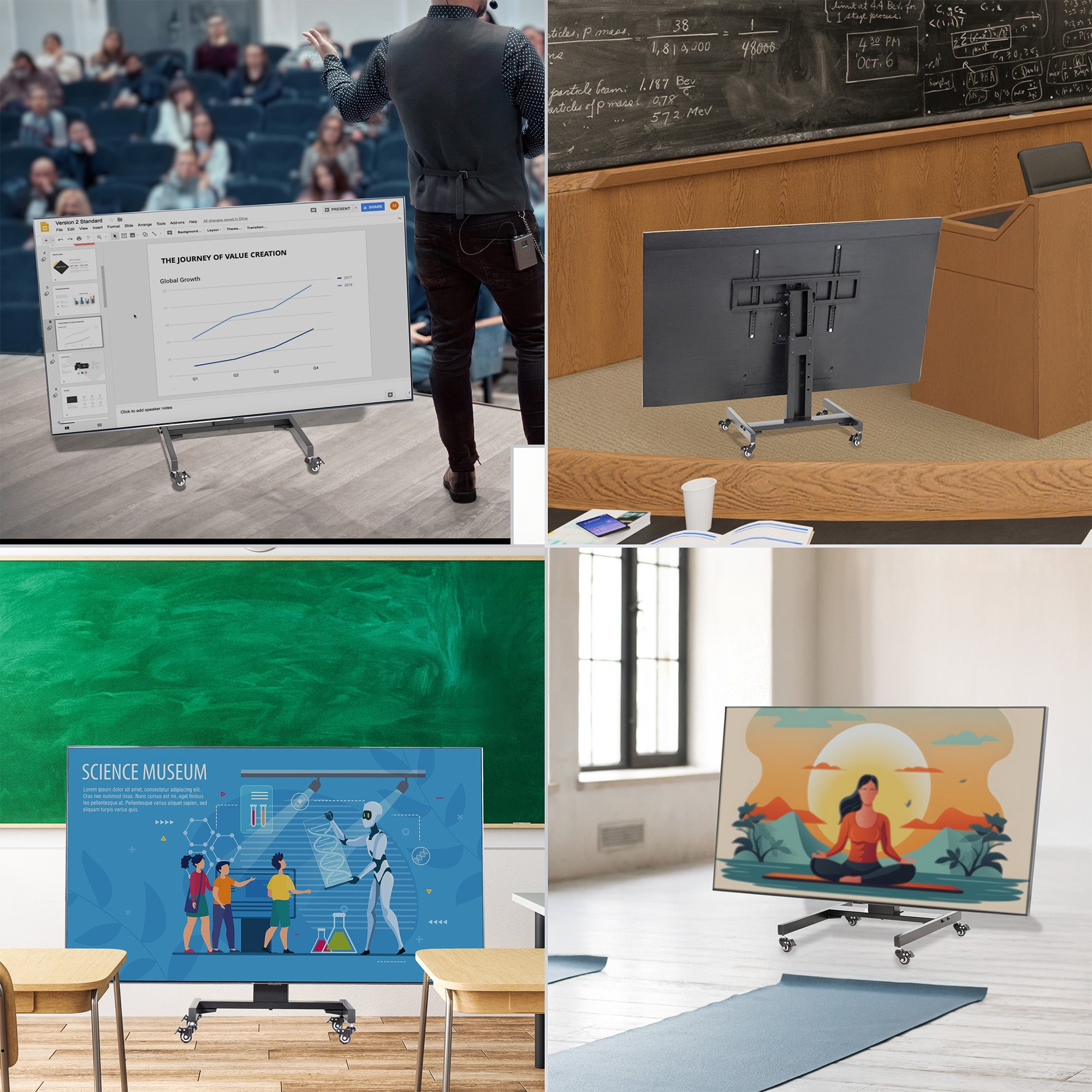 A low height mobile TV cart with a black frame and wheels in four different scenes highlighting uses.