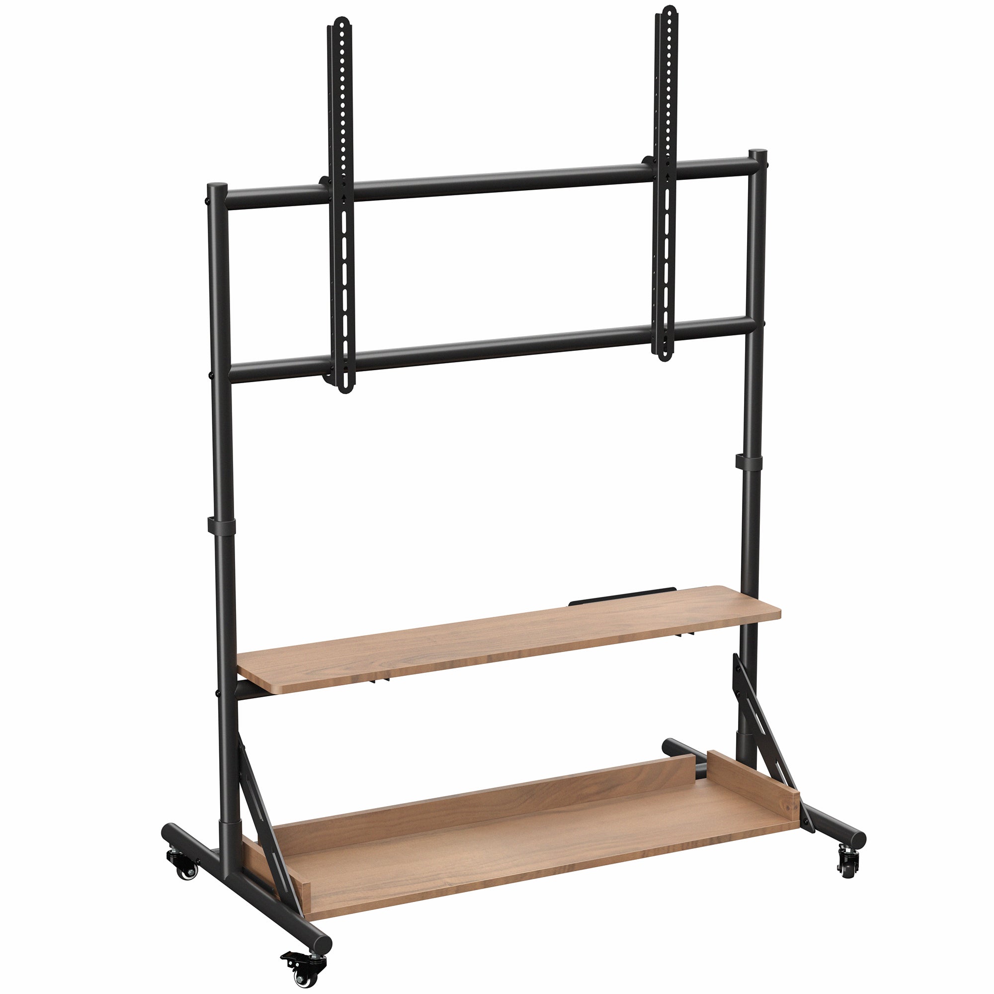A heavy duty TV cart with dark wood shelves, featuring a black metal frame and four caster wheels.