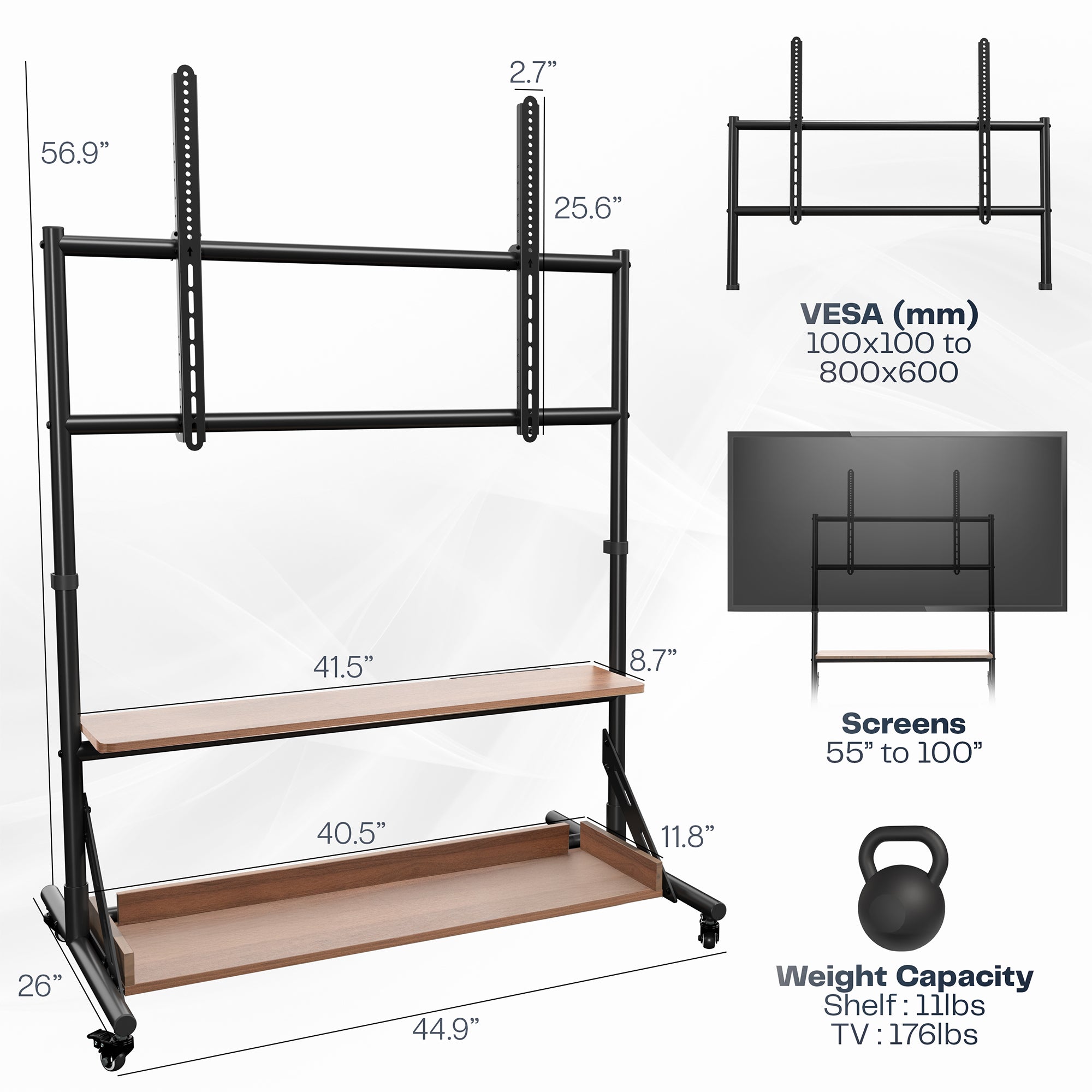 A heavy duty TV cart with dark wood shelves, featuring a black metal frame and four caster wheels.