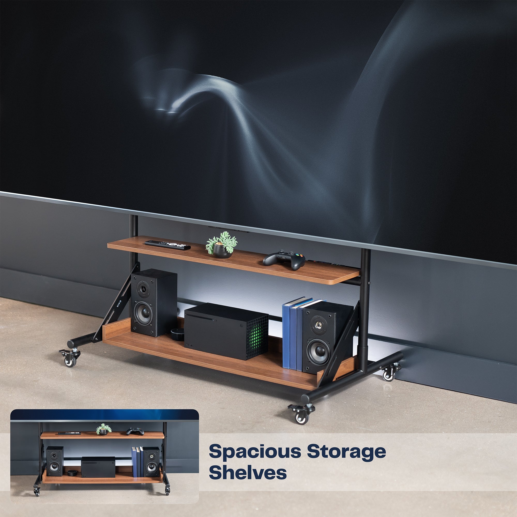 A heavy duty TV cart with dark wood shelves, featuring spacious storage shelves.