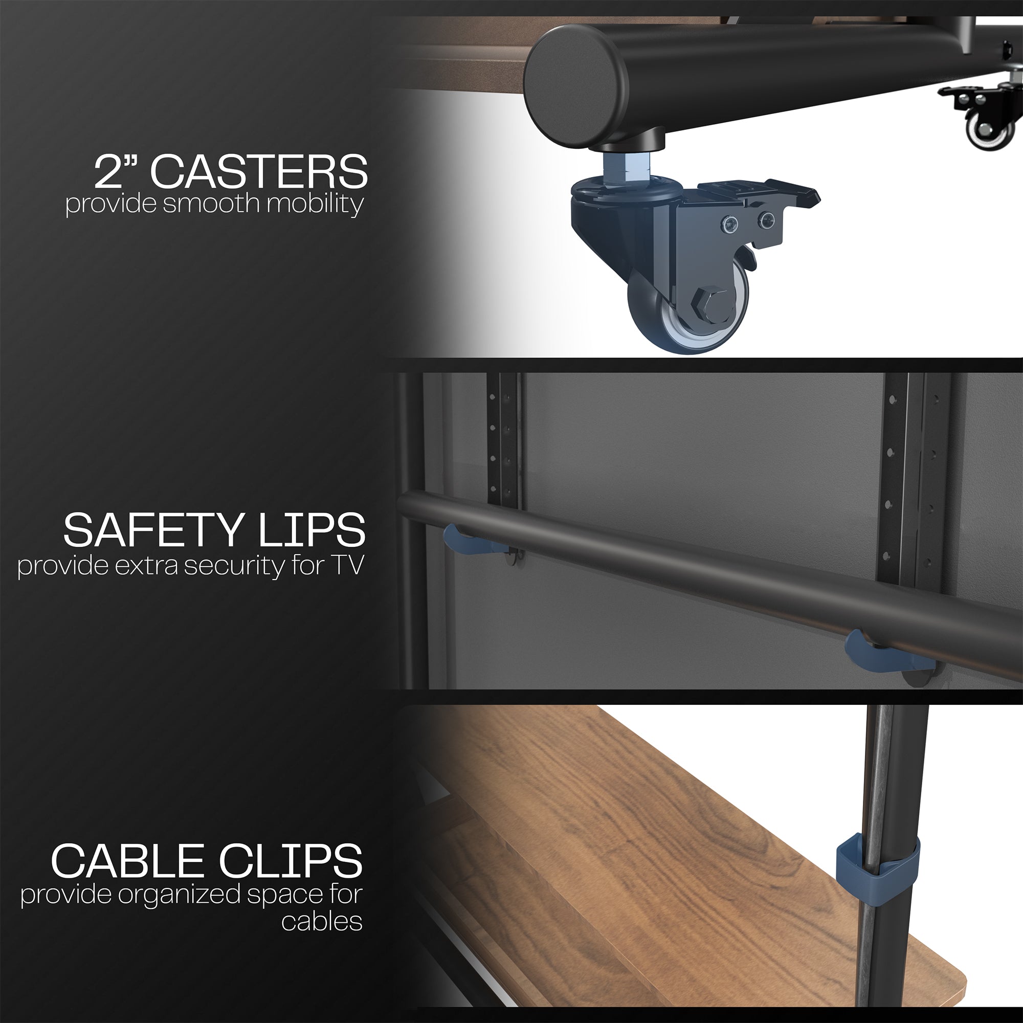 A heavy duty TV cart with dark wood shelves with features highlighted.
