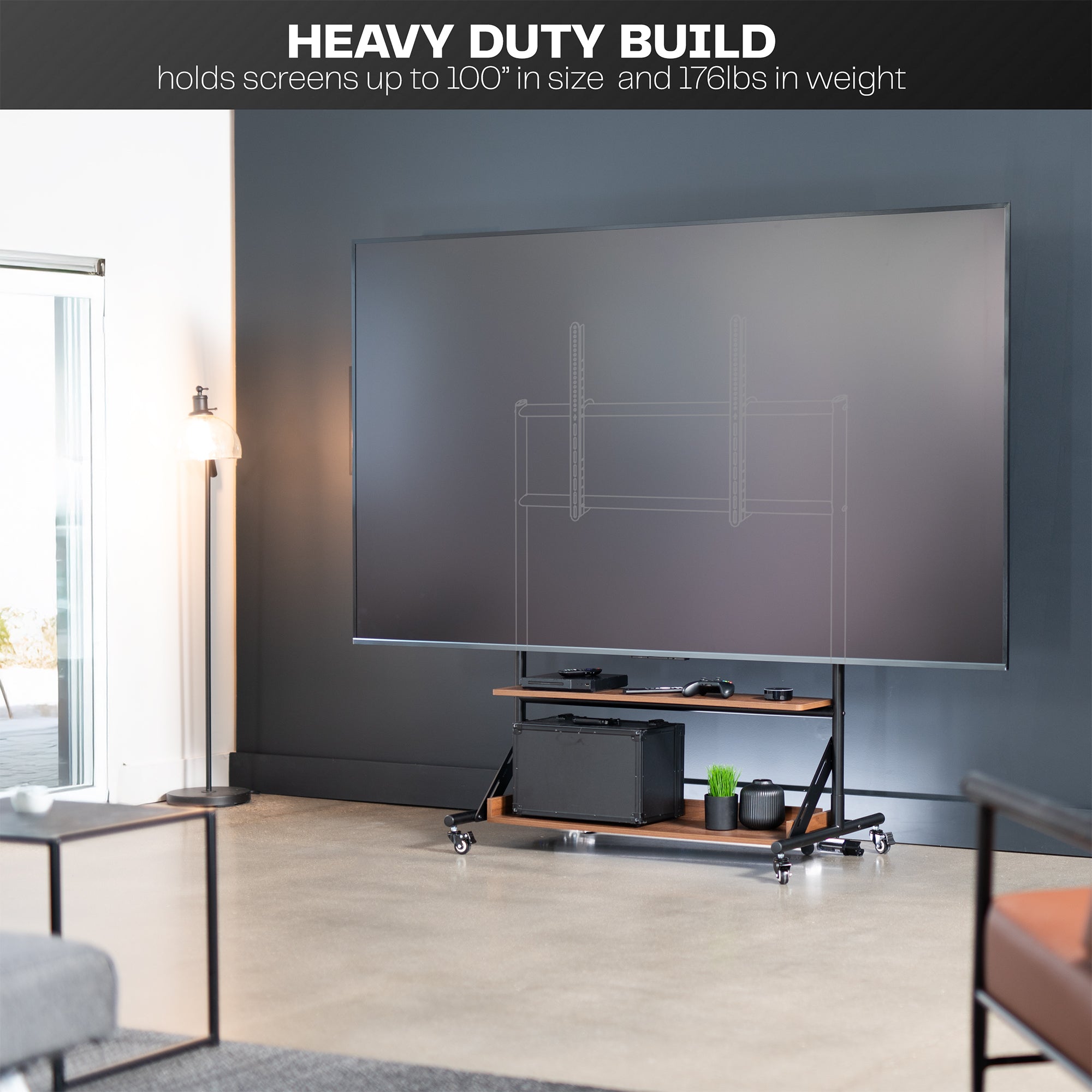 TV stand in a modern living room with text highlighting heavy duty build.