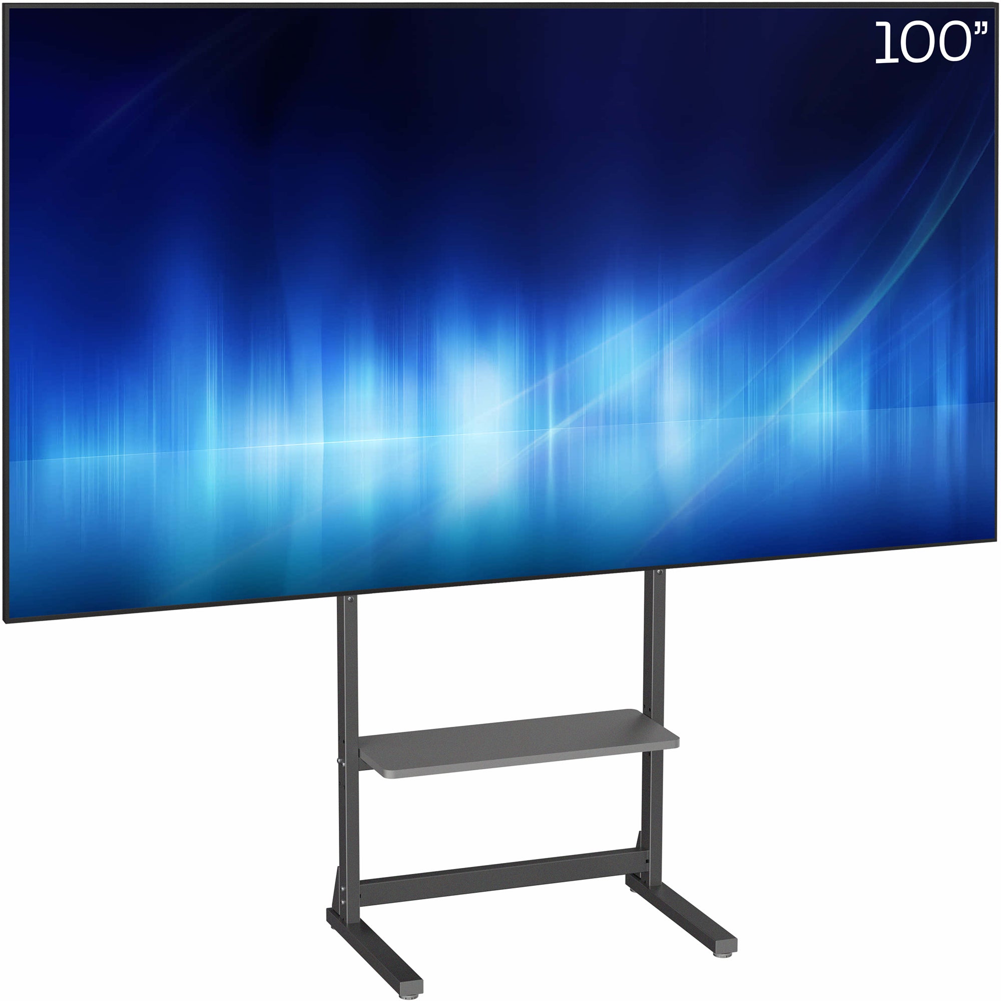 A large flat-screen television mounted on a heavy-duty floor stand set against a white background.