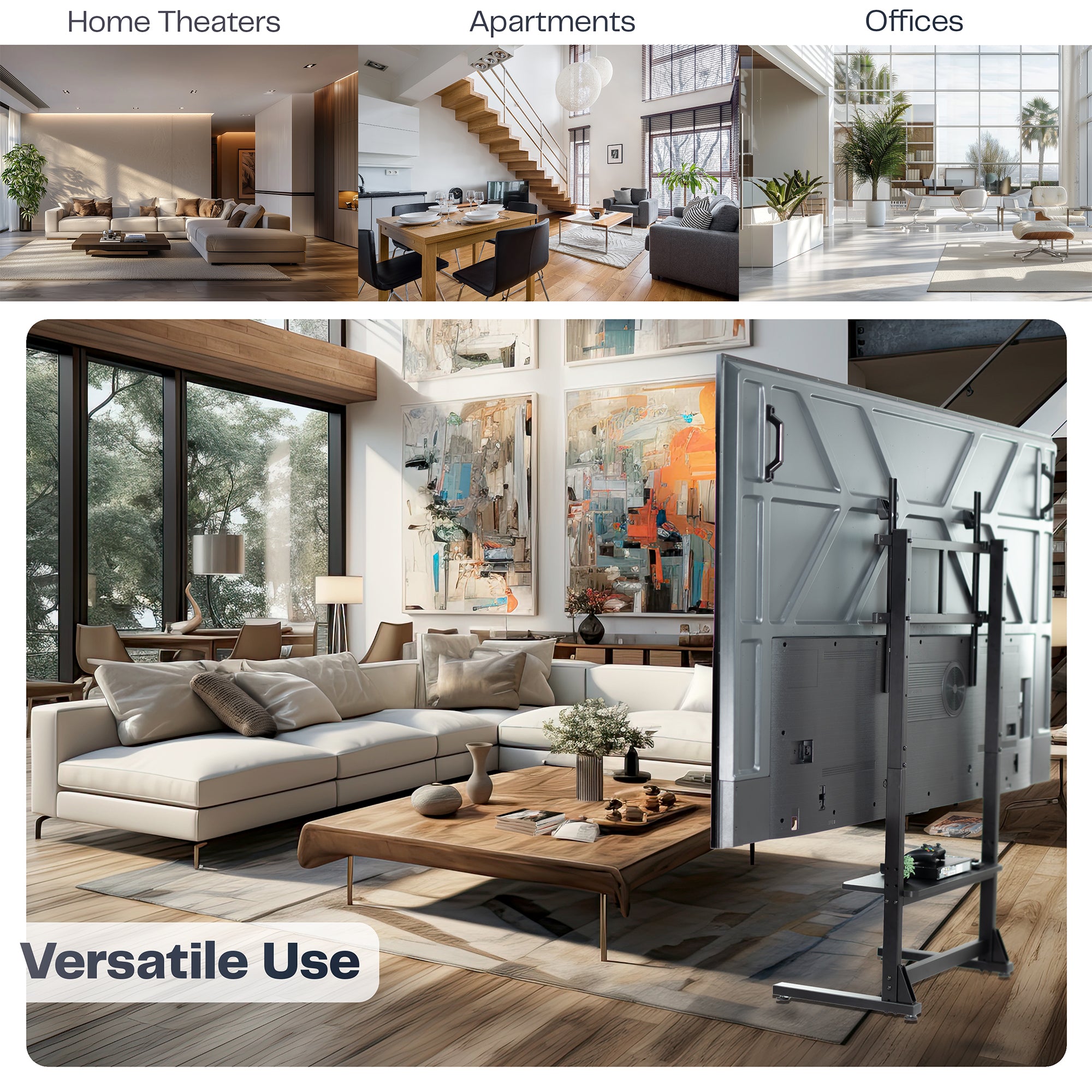 A large flat-screen television mounted on a heavy-duty floor stand in various rooms to show versatile uses.
