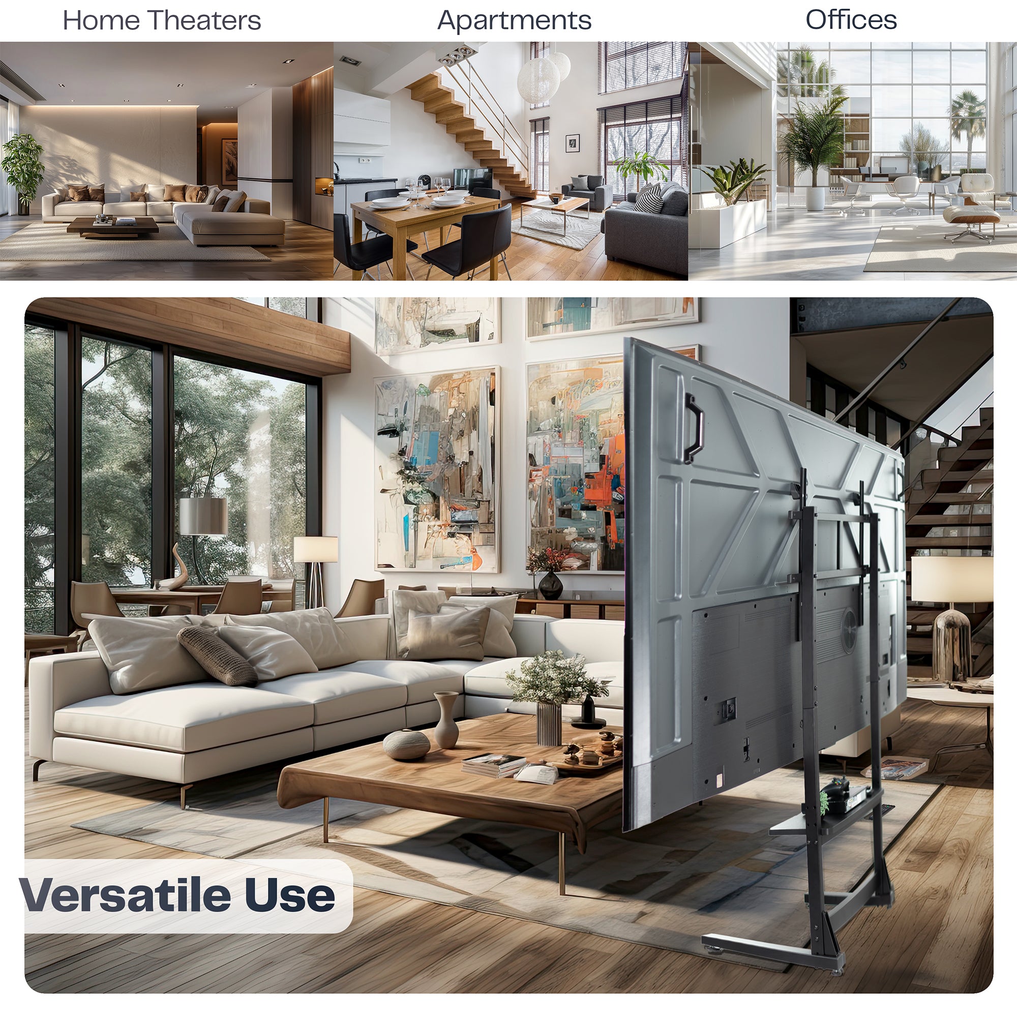 A large flat-screen television mounted on a heavy-duty floor stand in various rooms to show versatile uses.