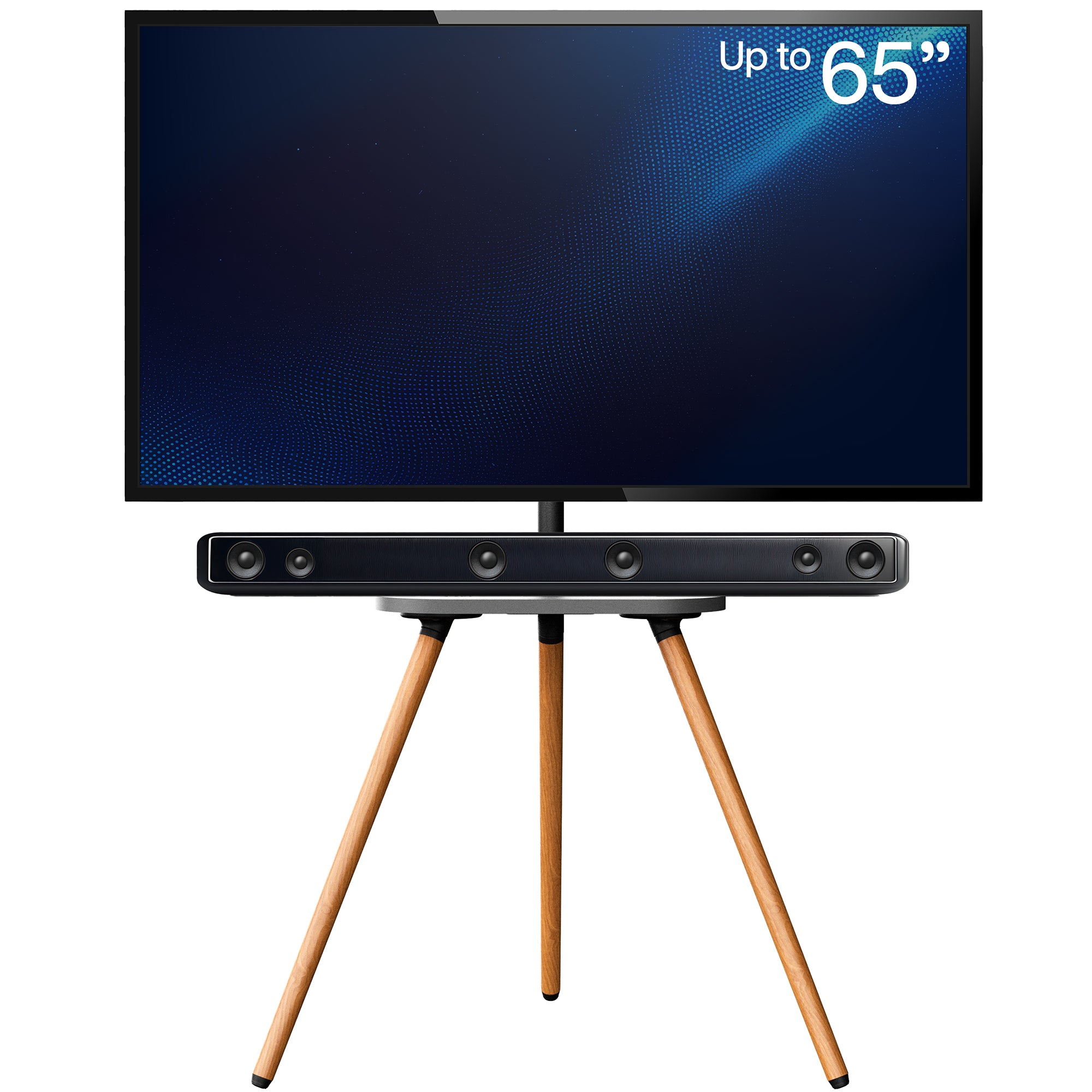 Smart TV on a wooden stand with soundbar.