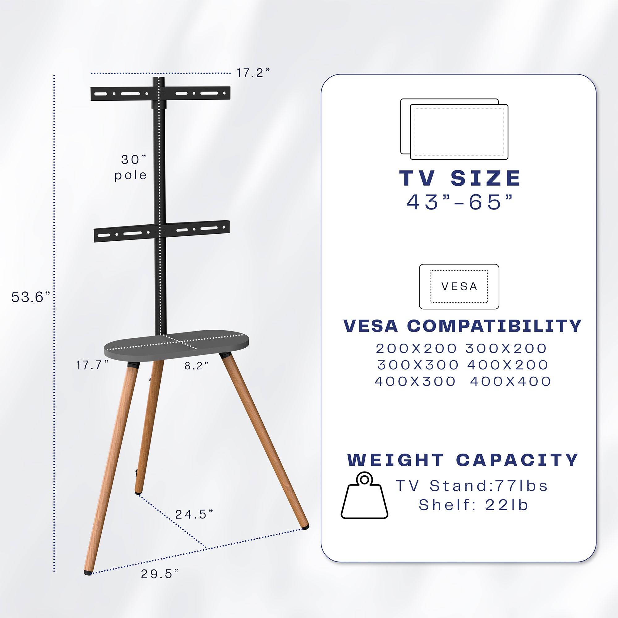 TV stand with dimensions and compatibility details on a white background