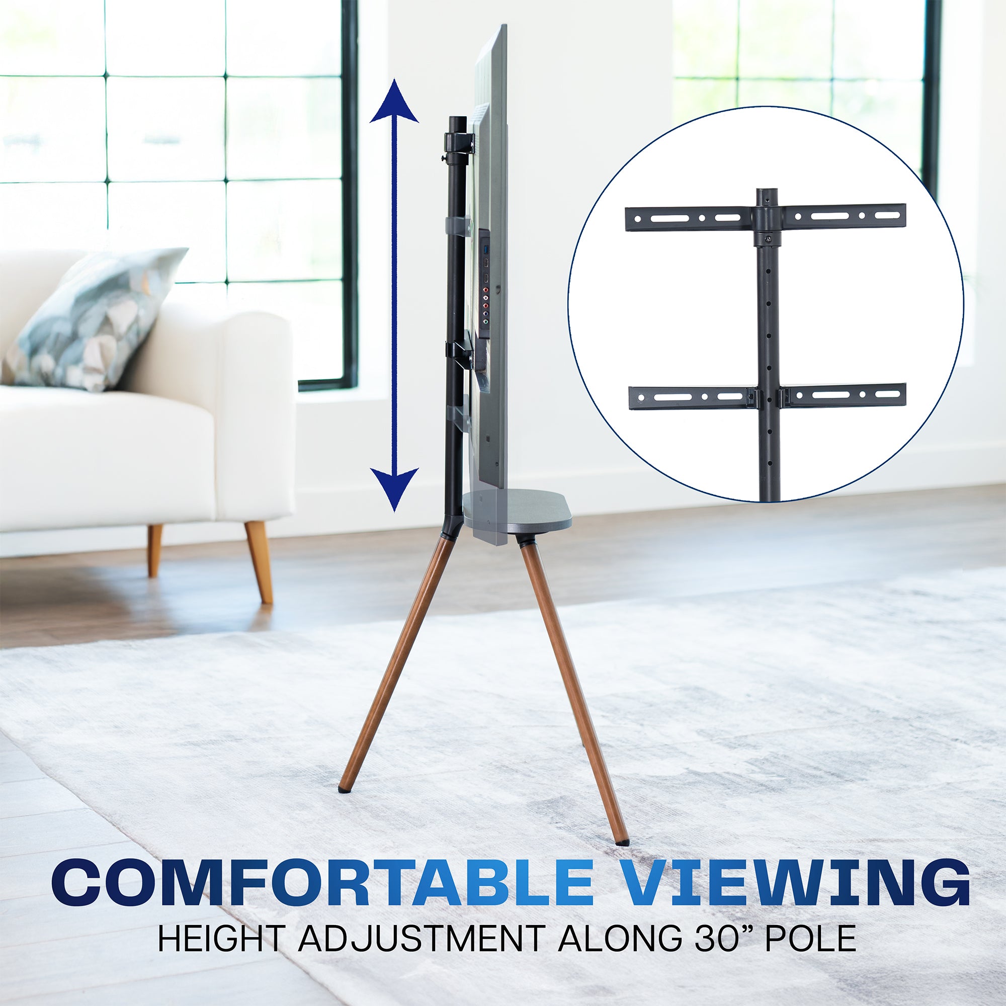 TV stand with height adjustment feature in a living room setting