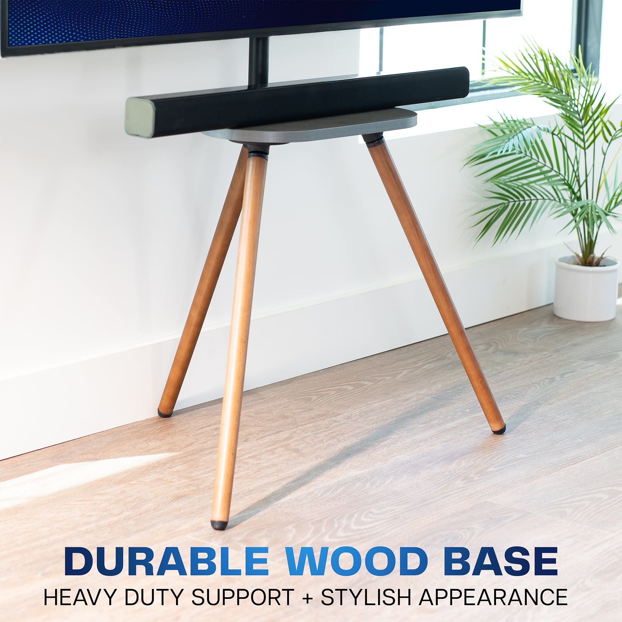 TV stand with durable wood base in a room setting