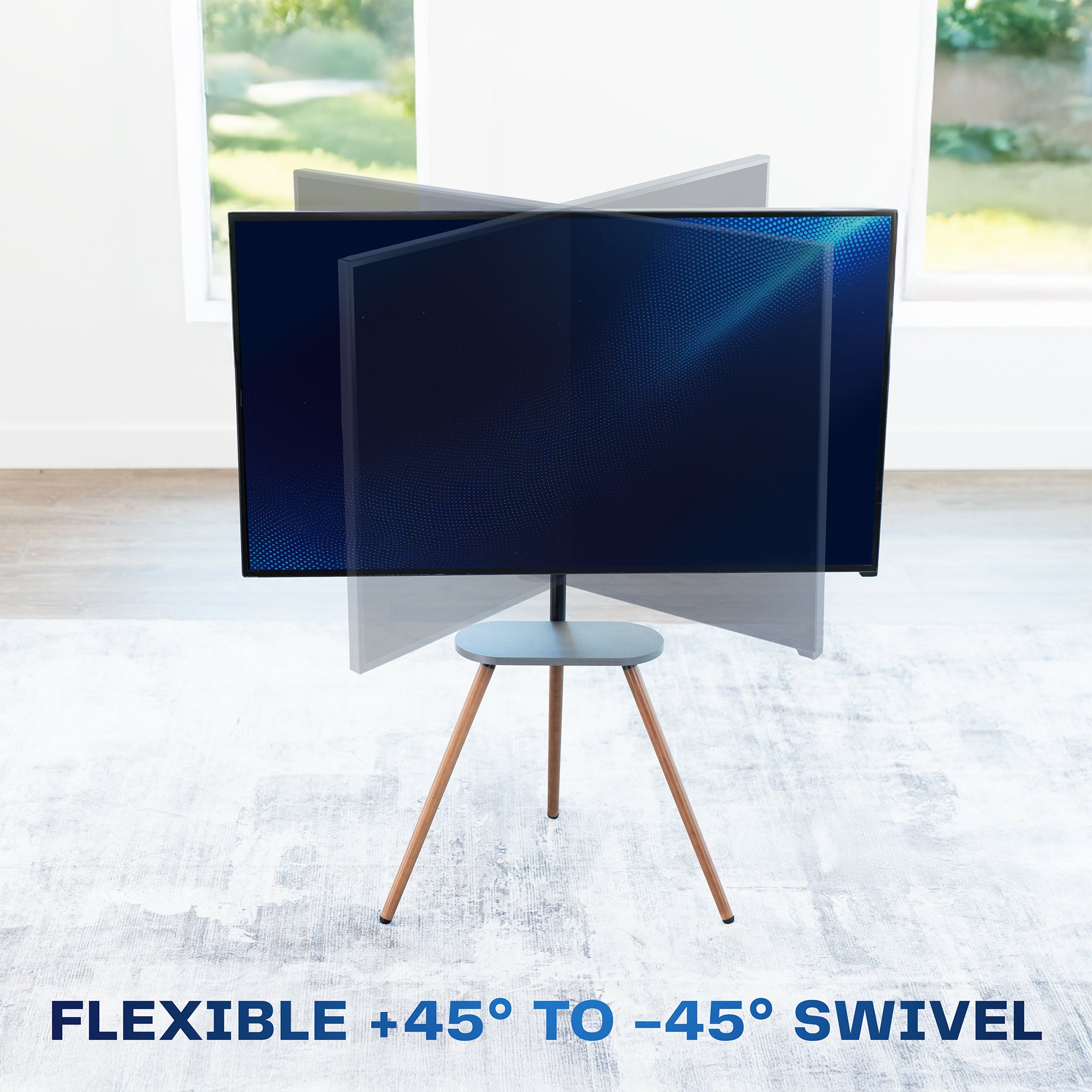 Flexible TV screen on a stand with swivel feature text