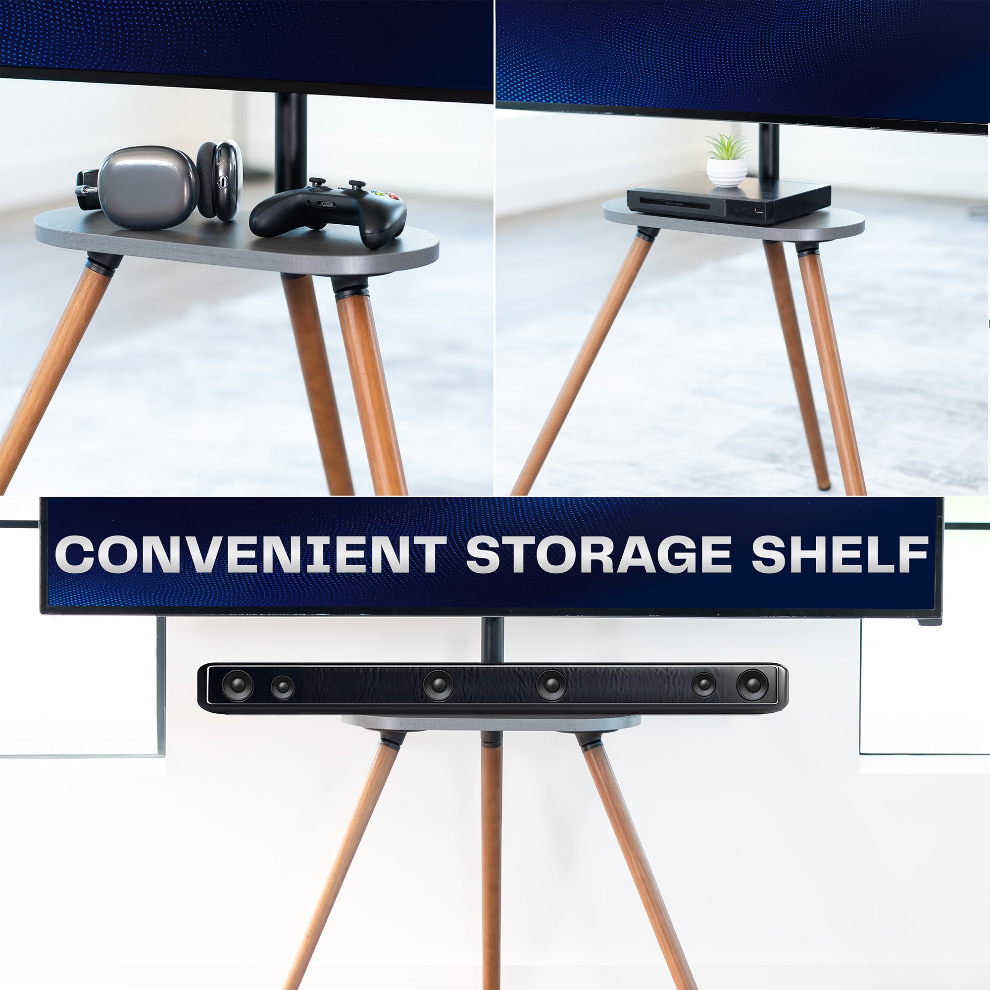 Convenient storage shelf with gaming accessories under a TV