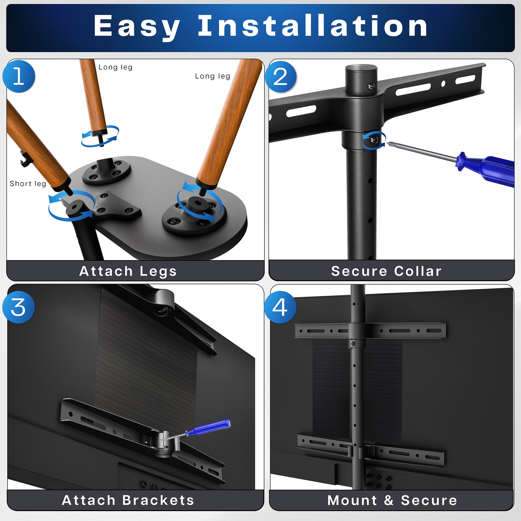 Step-by-step installation guide for a TV mount with labeled steps.