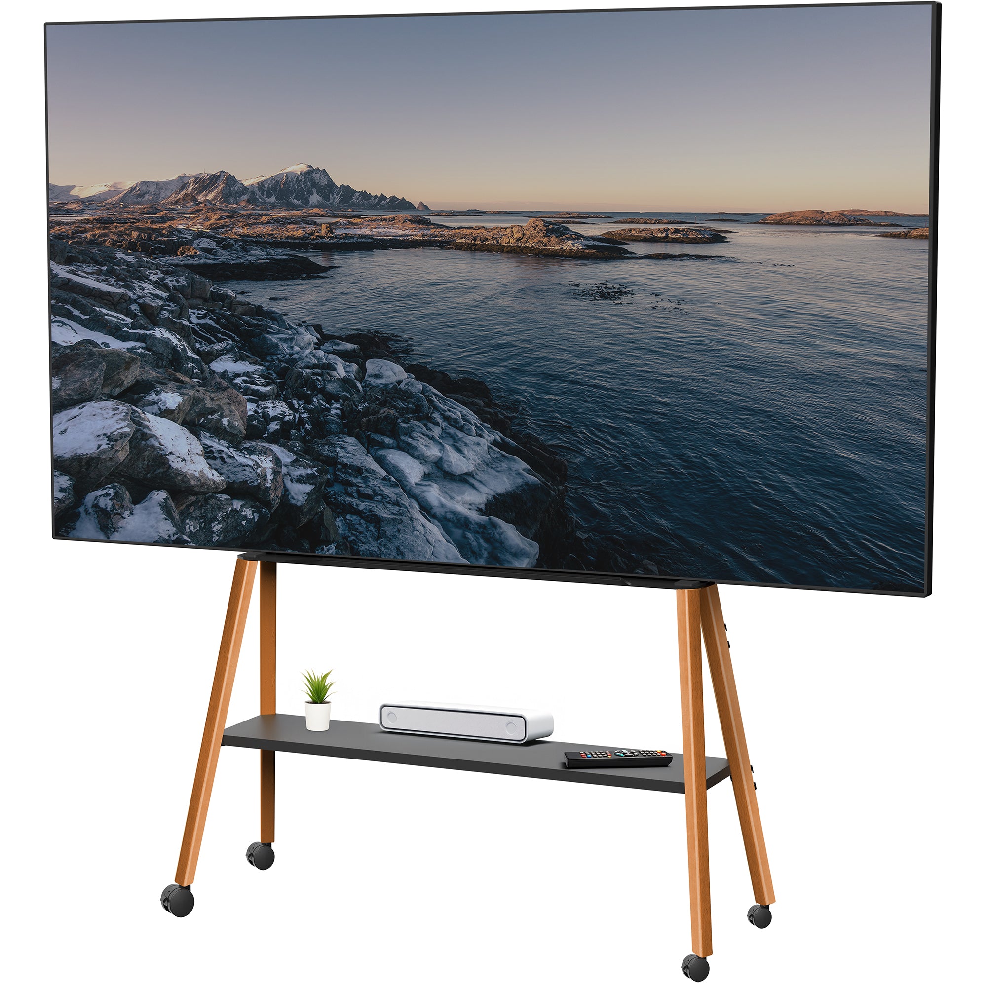 This rolling artistic easel 49 to 75 inch LED LCD screen mobile studio TV display stand is for home theatres, trade shows, schools, and more.