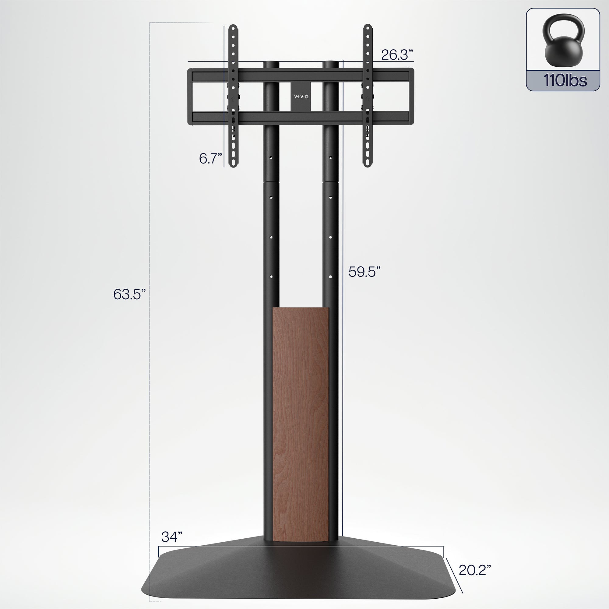 TV stand with dimensions and weight capacity indicator on a white background