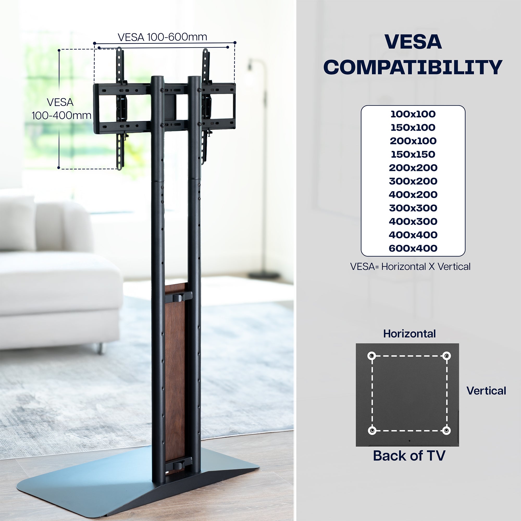 TV stand with VESA compatibility diagram in a living room setting